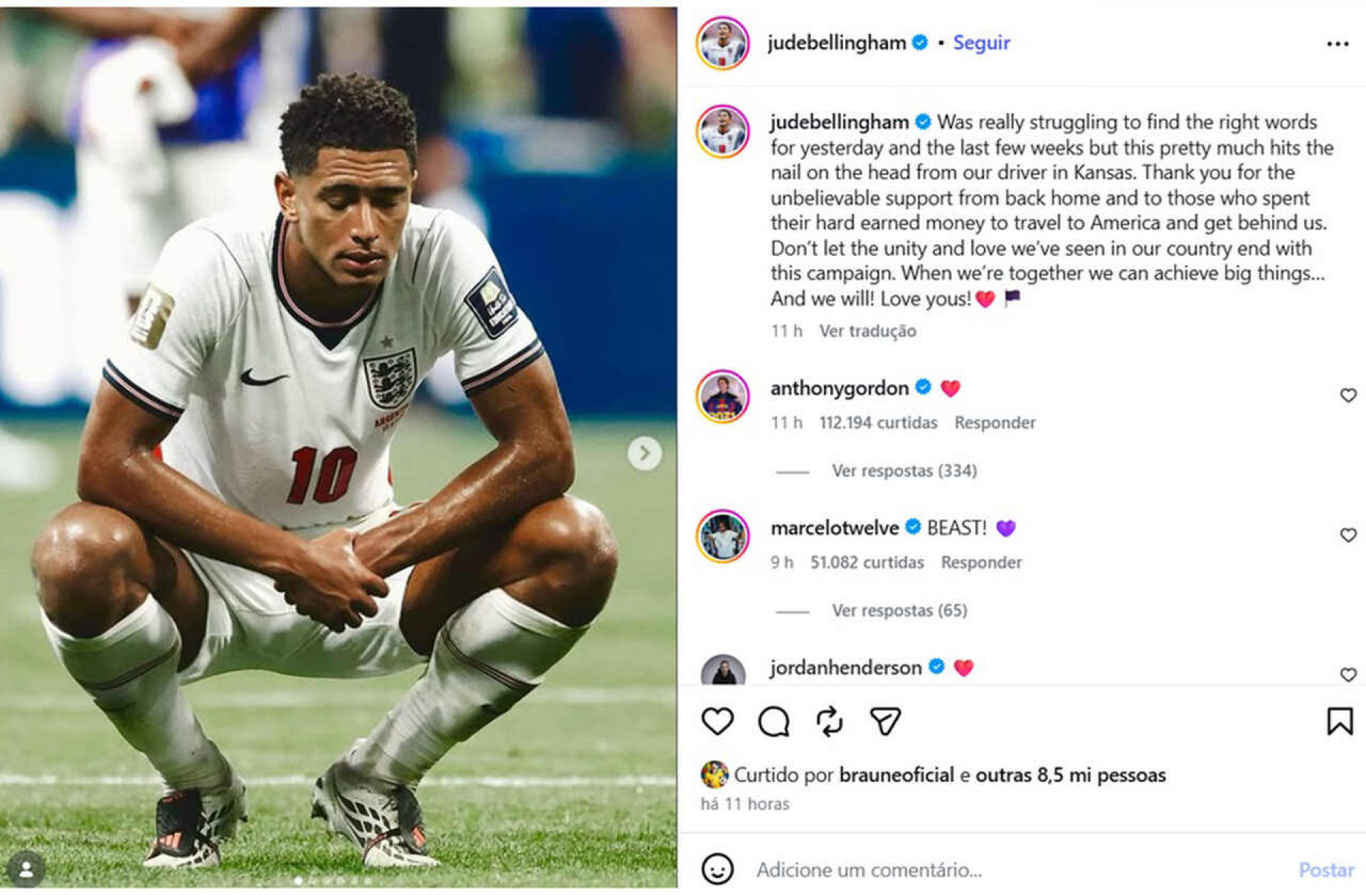 Bellingham usa as redes sociais para quebrar sil&ecirc;ncio ap&oacute;s elimina&ccedil;&atilde;o da Inglaterra