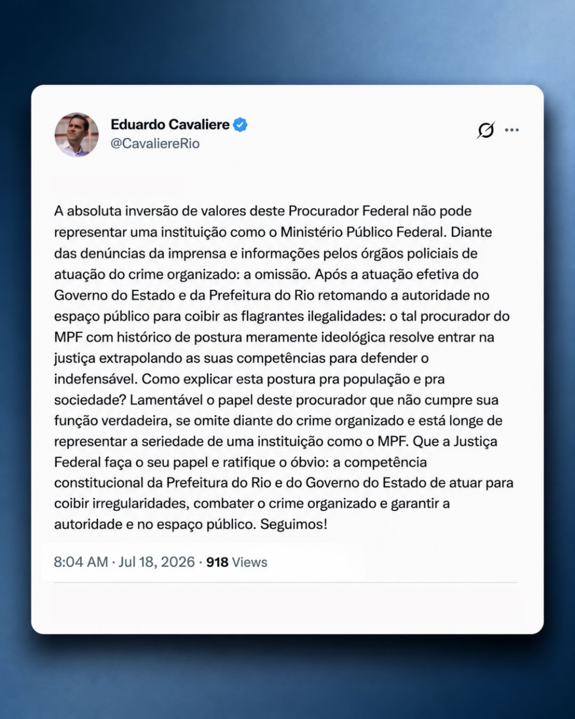 Prefeito do Rio, Eduardo Cavaliere rebateu o Ministério Público Federal após pedido de suspensão do programa Tolerância Zero - Reprodução / Instagram
