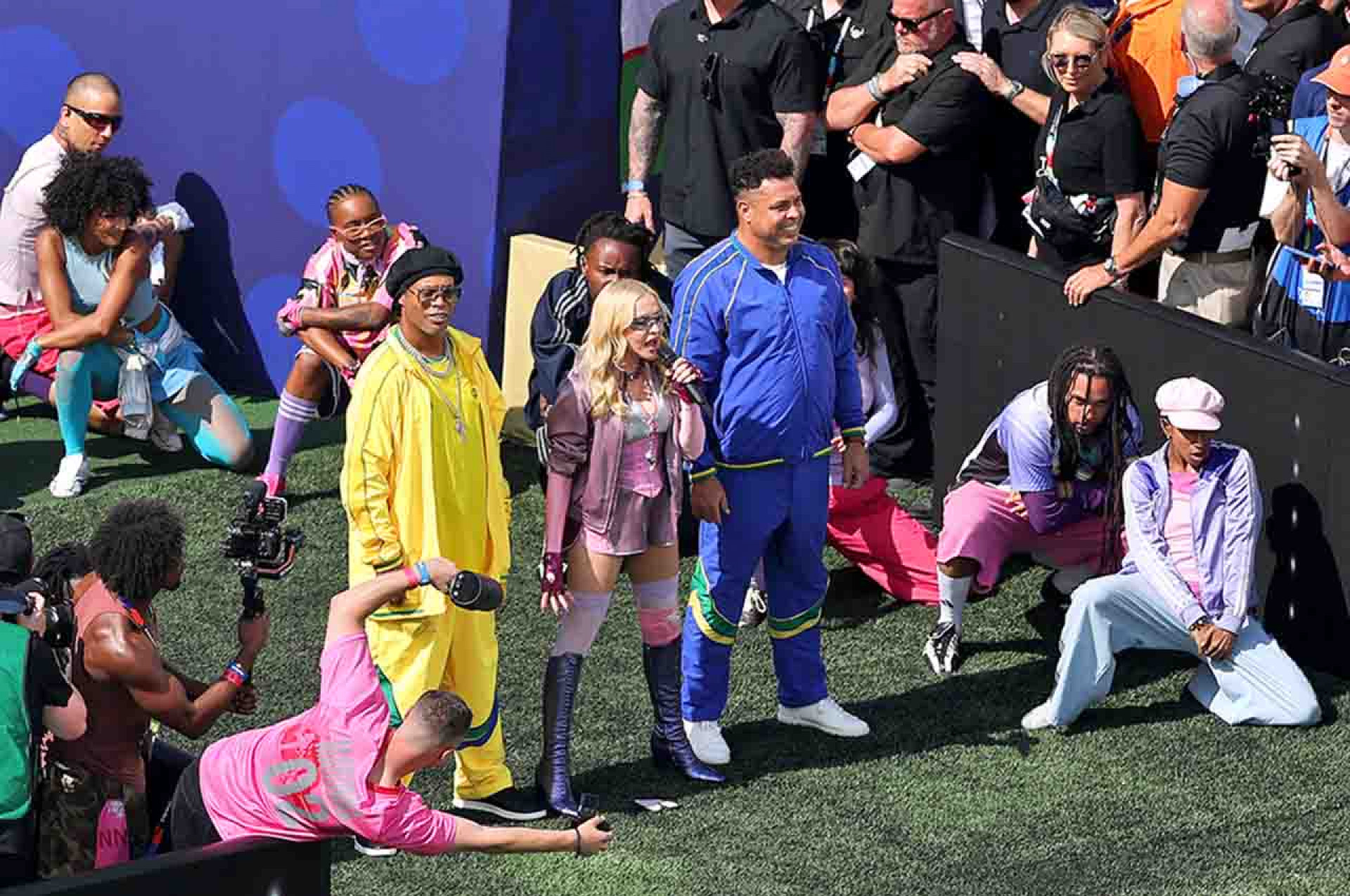 EAST RUTHERFORD, NEW JERSEY - JULY 19: Ronaldinho, Madonna and Ronaldo perform during the Topps Final Halftime Show in the FIFA World Cup 2026 Final match between Spain and Argentina at New York New Jersey Stadium on July 19, 2026 in East Rutherford, New Jersey. (Photo by Florencia Tan Jun/Getty Images)