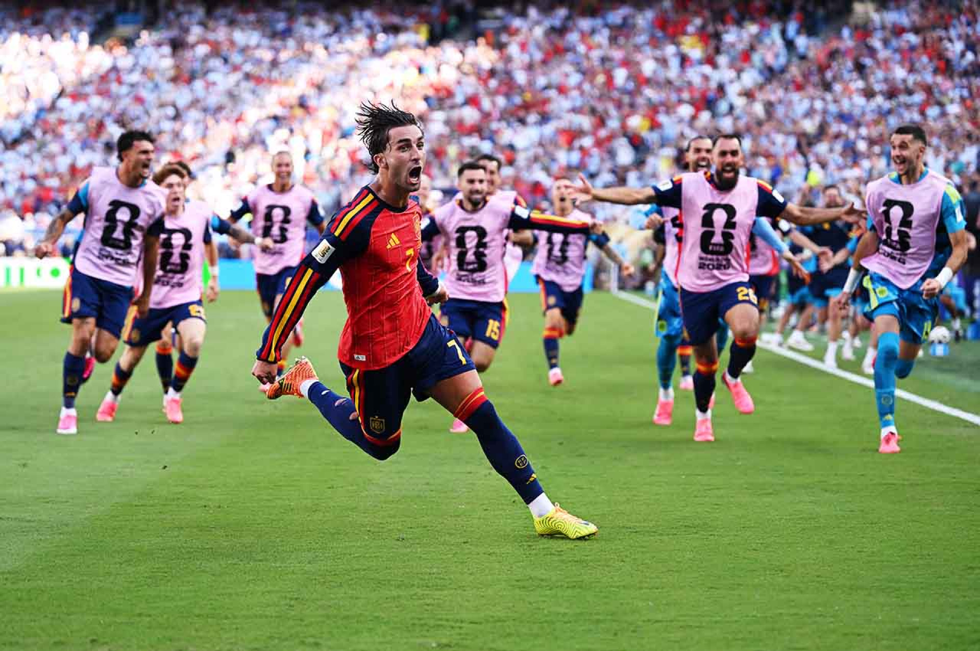 EAST RUTHERFORD, NEW JERSEY - JULY 19: Ferran Torres #7 of Spain celebrates scoring his team's first goal during the FIFA World Cup 2026 Final match between Spain and Argentina at New York New Jersey Stadium on July 19, 2026 in East Rutherford, New Jersey. (Photo by David Ramos/Getty Images)