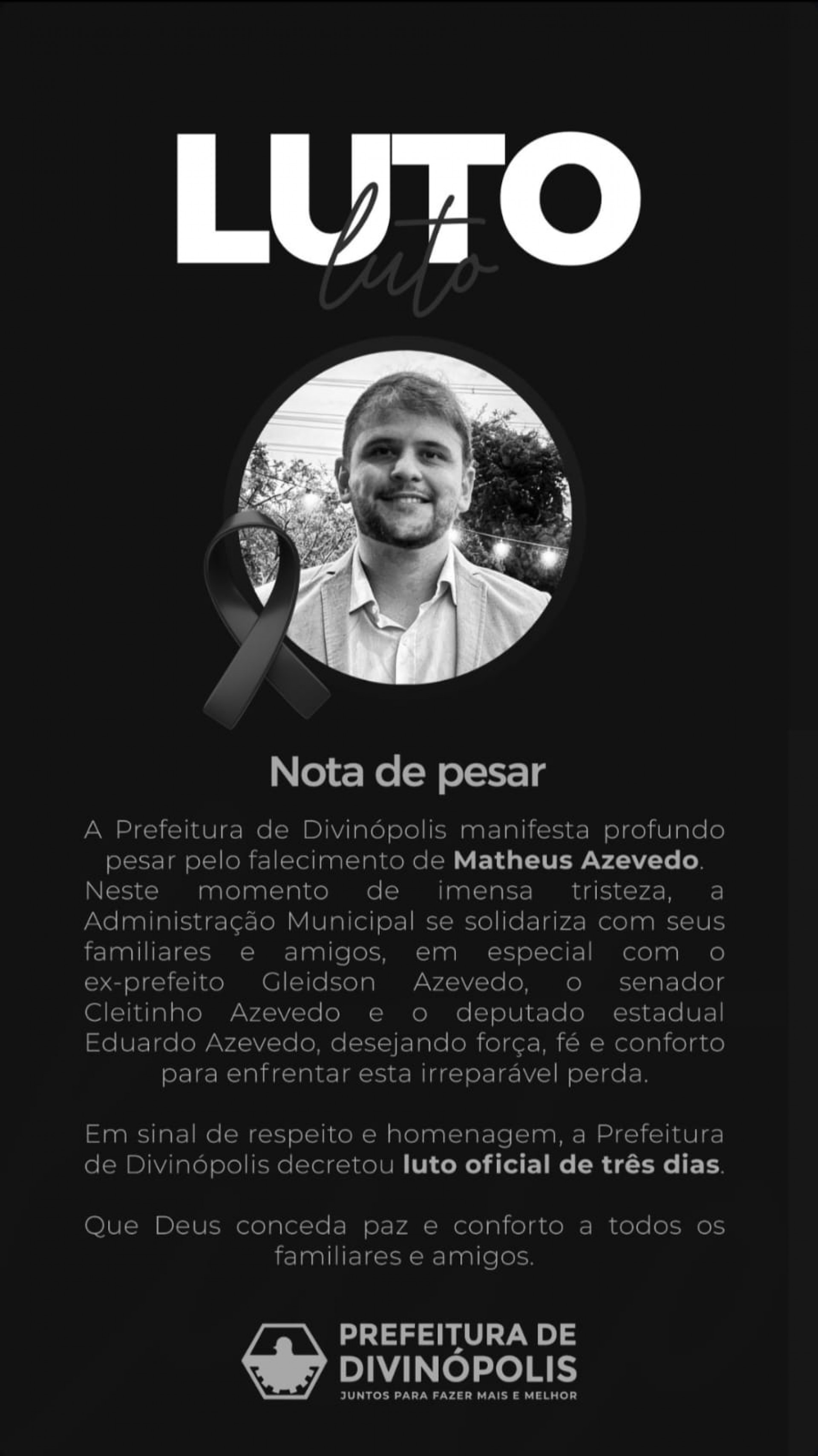 Prefeitura de Divin&oacute;polis decretou luto oficial pela morte de Matheus Azevedo - Reprodu&ccedil;&atilde;o / Instagram