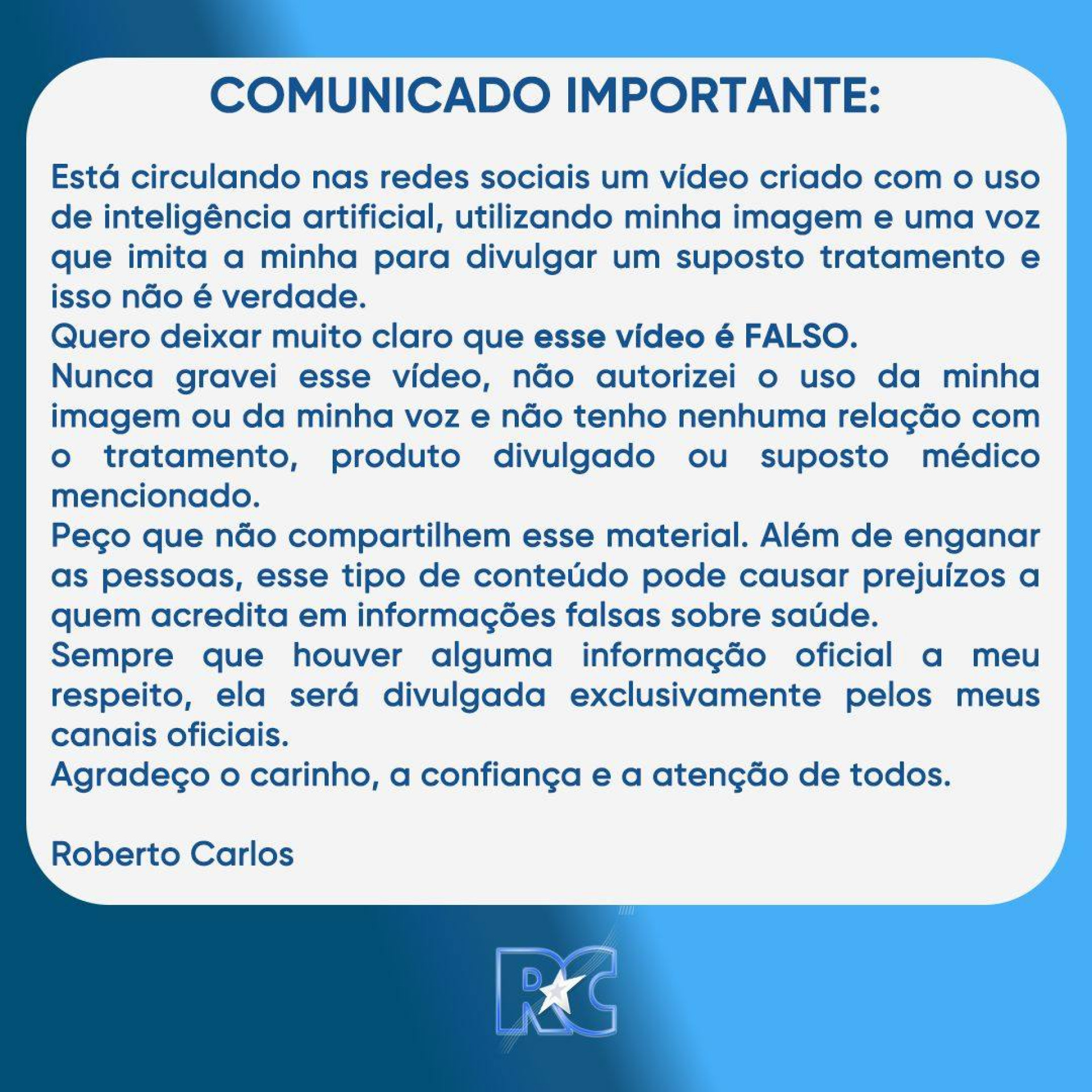 Roberto Carlos publicou nota sobre uso de sua voz e imagem em vídeo de IA  - Reprodução/Instagram 