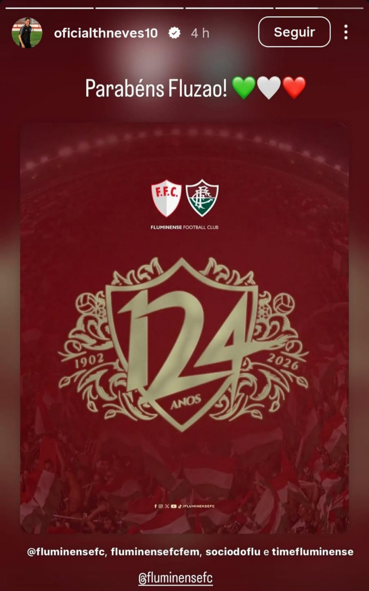 Ex-jogadores celebraram os 124 anos do Fluminense - Reprodu&ccedil;&atilde;o / Instagram