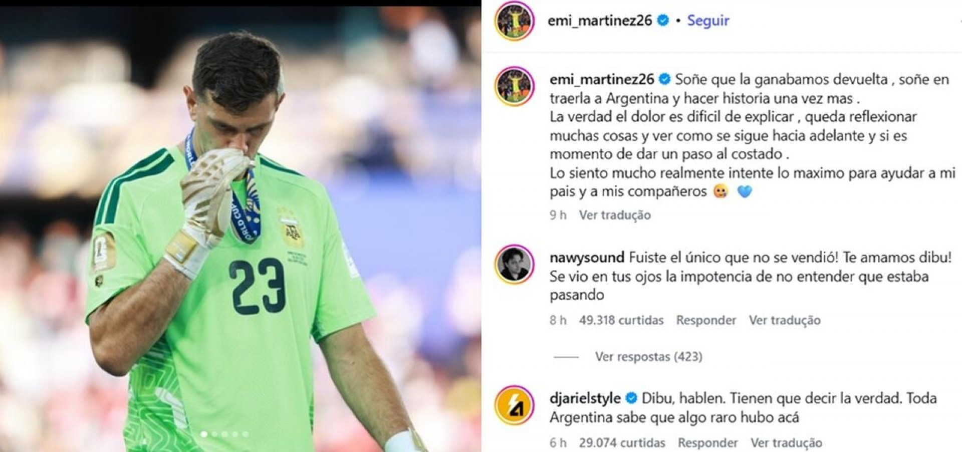Dibu Mart&iacute;nez fala em se aposentar da sele&ccedil;&atilde;o argentina ap&oacute;s vice-campeonato
