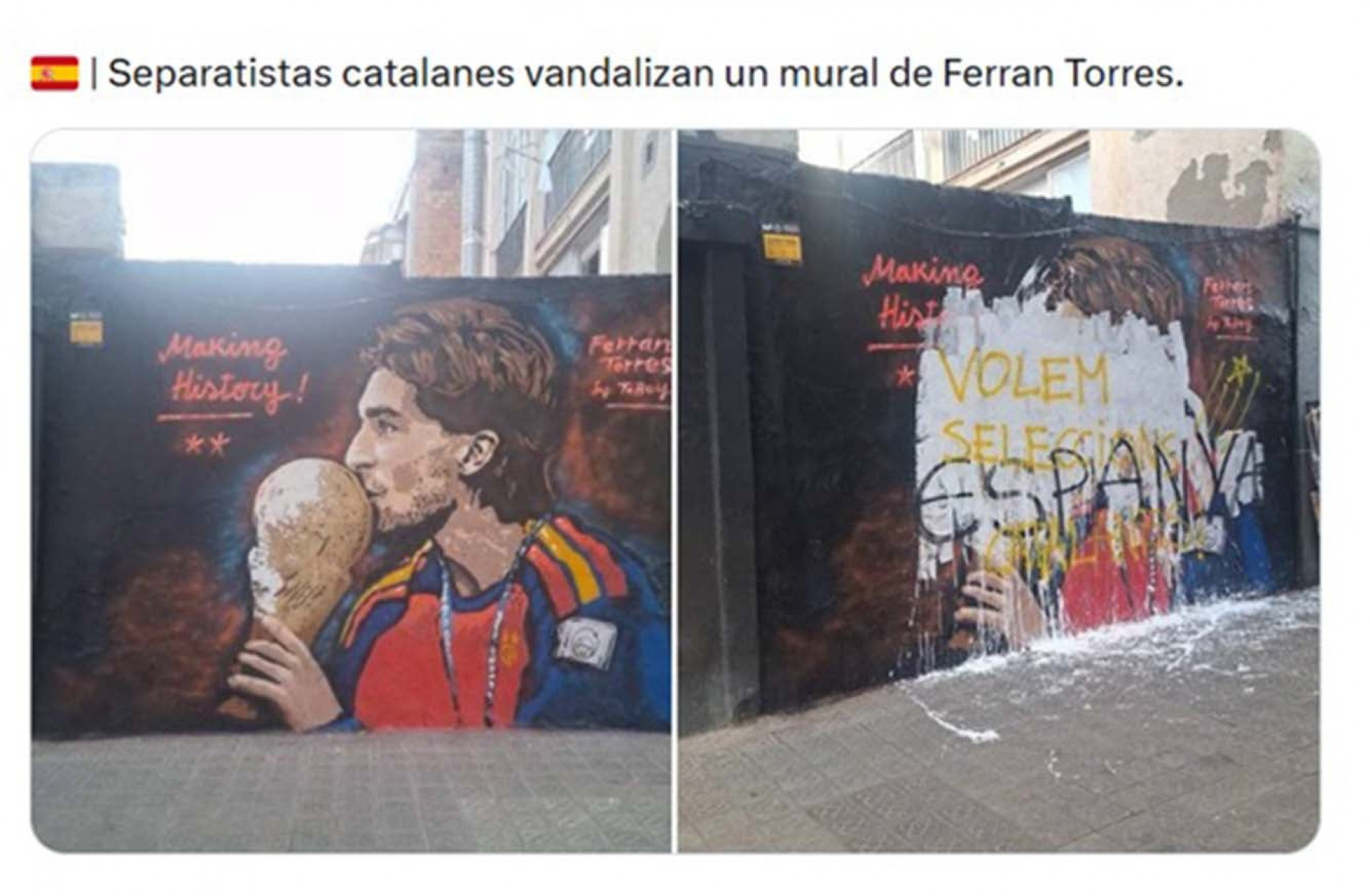 Mural em homenagem a Ferran Torres &eacute; vandalizado na Espanha em menos de 24h