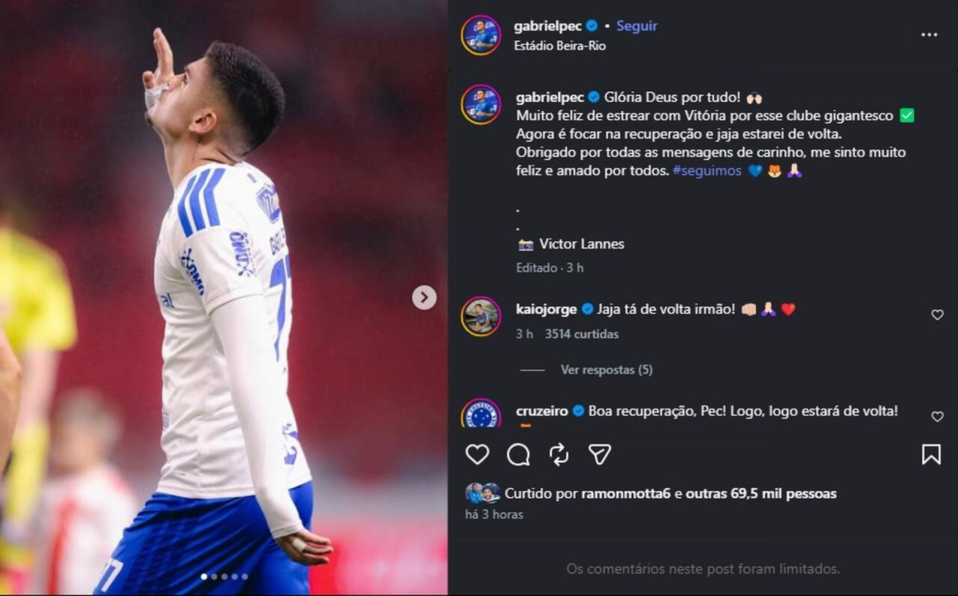 Atacante do Cruzeiro, Gabriel Pec se pronuncia ap&oacute;s fratura na t&iacute;bia e n&atilde;o cita Victor Gabriel