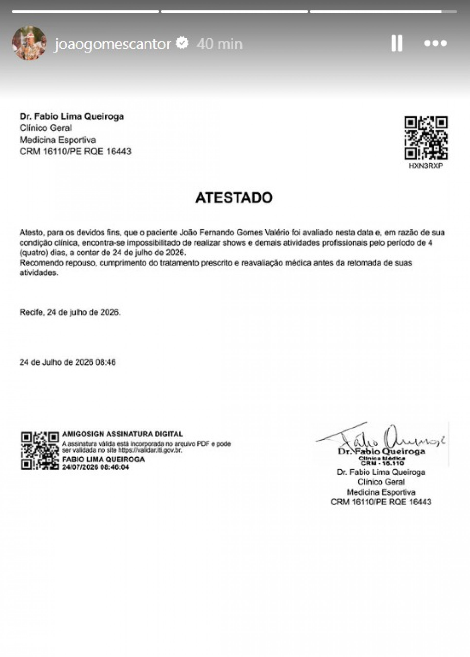 João Gomes foi orientado a suspender shows e permanecer em repouso  - Reprodução / Instagram