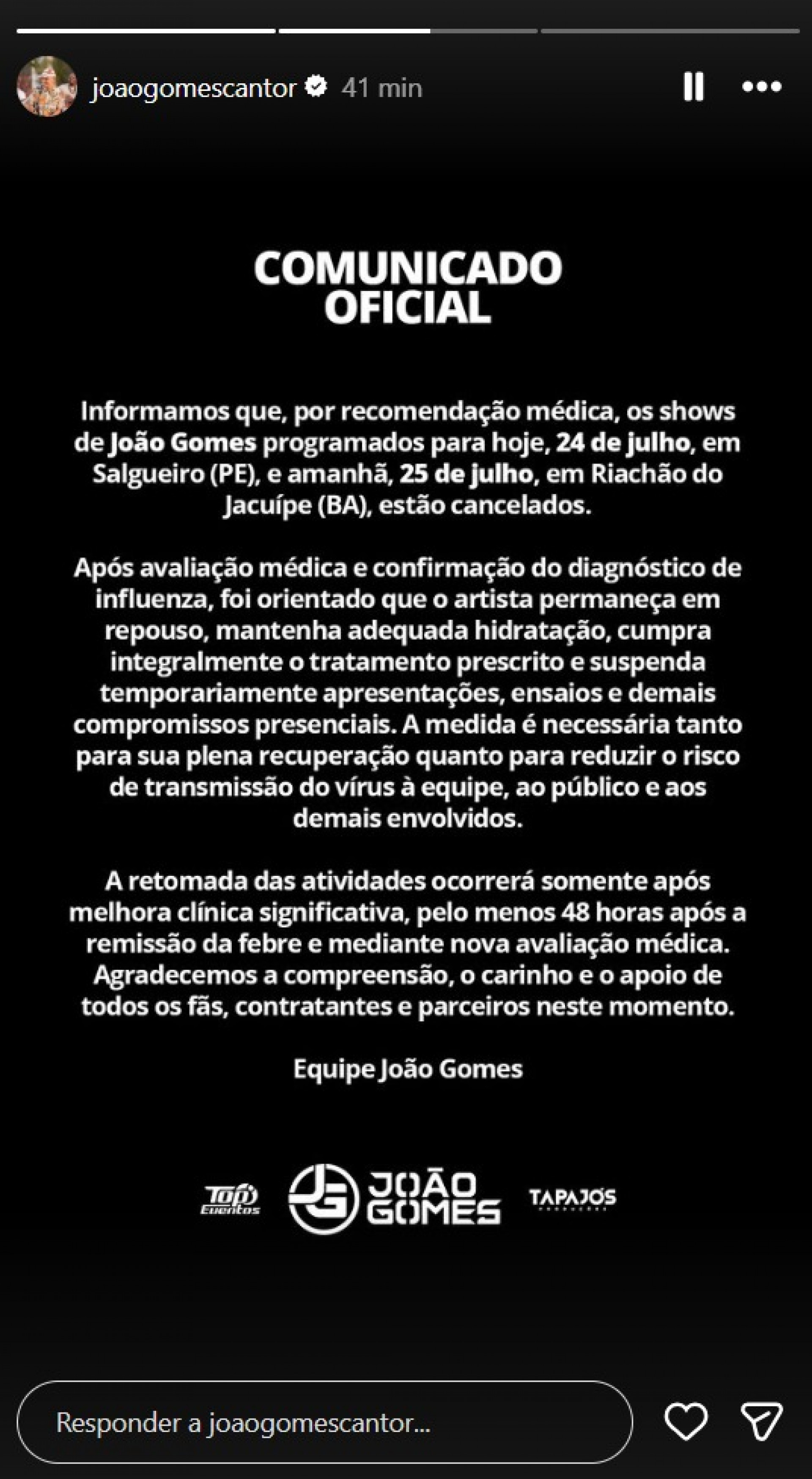 João Gomes foi orientado a suspender shows e permanecer em repouso  - Reprodução / Instagram