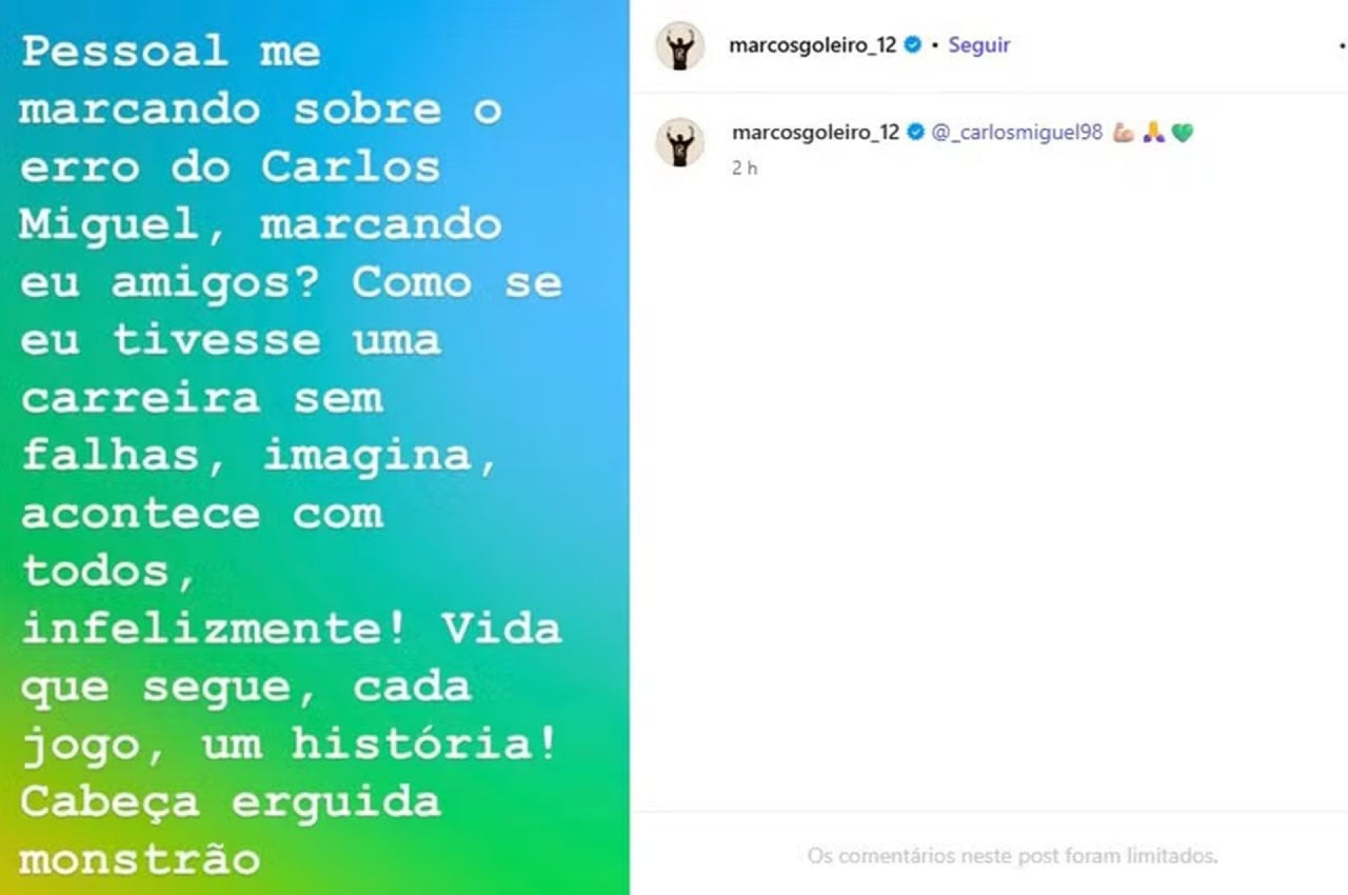 Marcos manda recado para Carlos Miguel ap&oacute;s falha pelo Palmeiras: “Acontece com todos”
