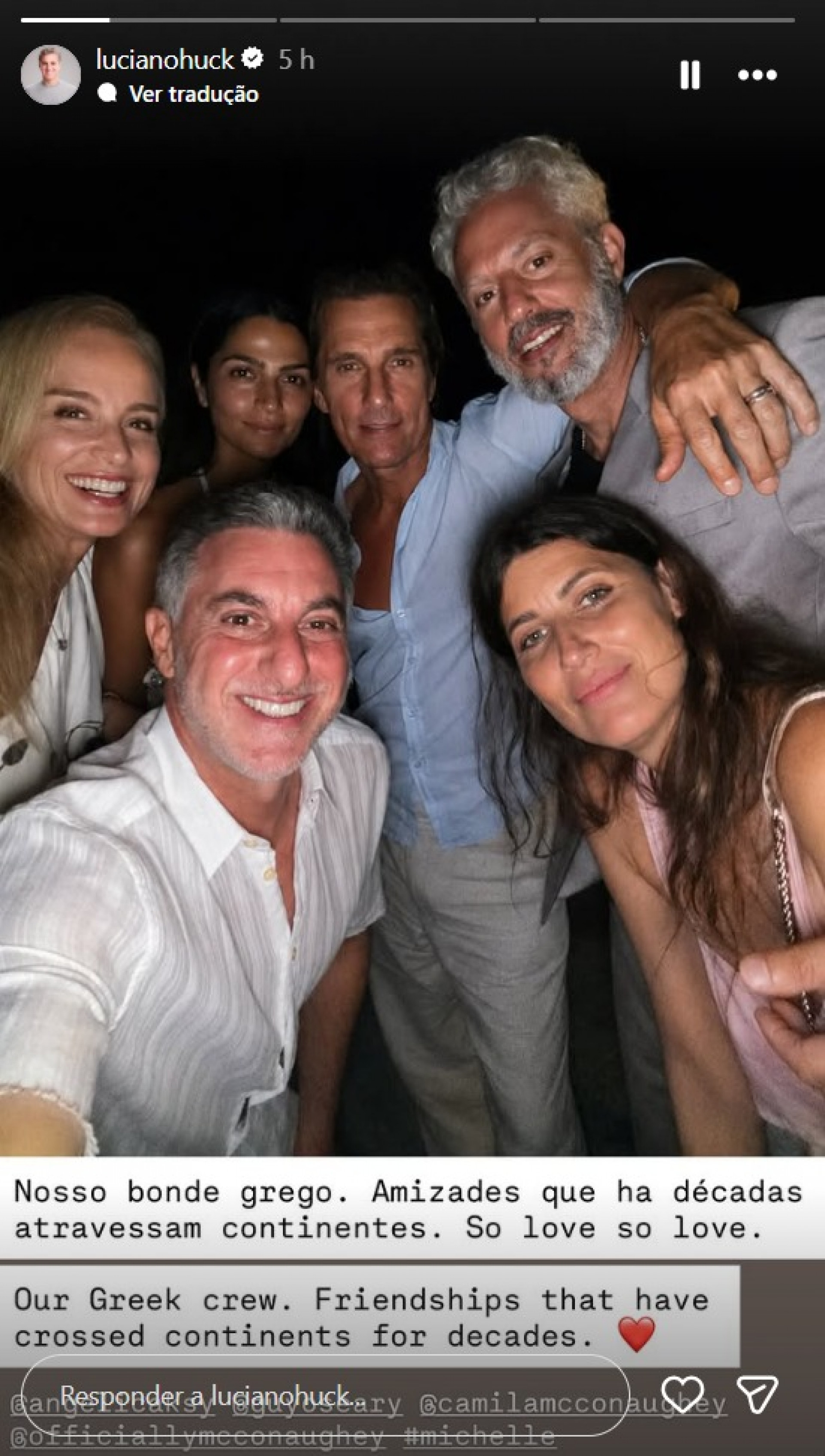 Luciano Huck e Angélica reencontram Matthew McConaughey, Camila Alves e mais amigos em passagem pela Grécia - Reprodução / Instagram