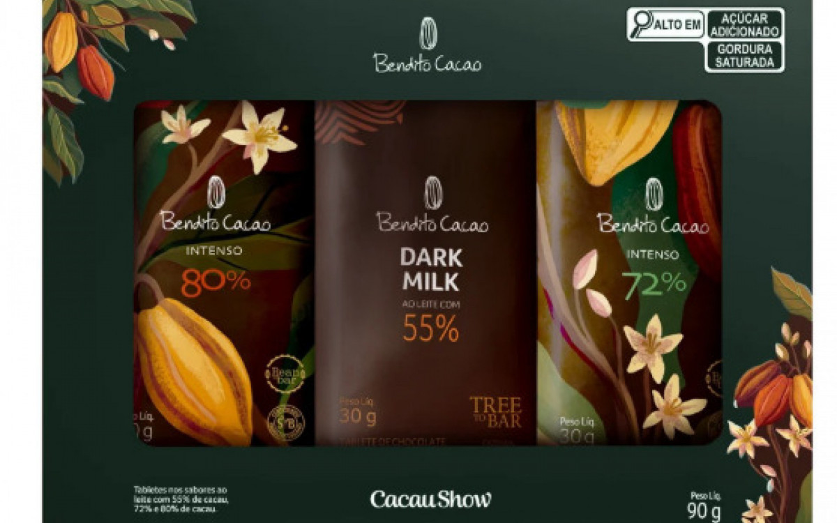 Caixa de Tabletes Bendito Cacao (90g), com intensidades de cacau 55%, 72% e 80%, por R$ 39,49