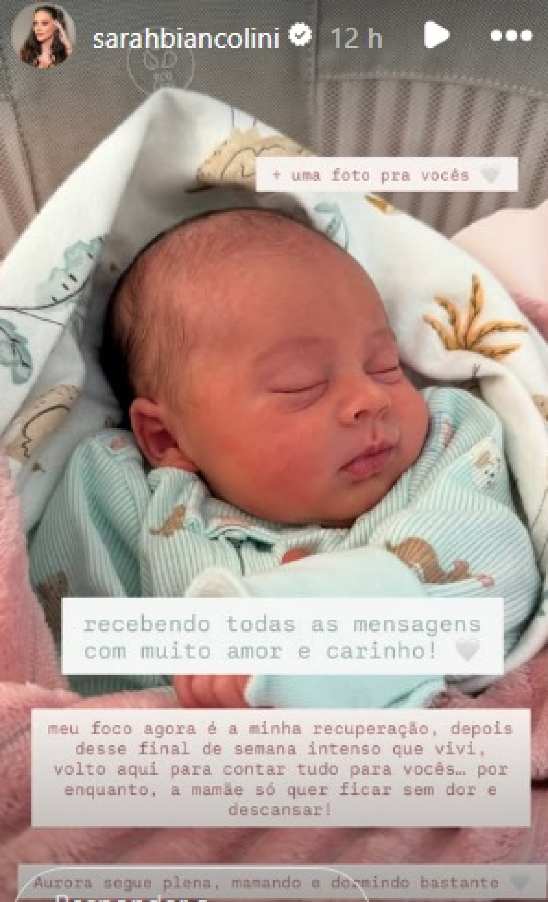 Sarah Biancolini diz como se sente e publica nova foto da filha 