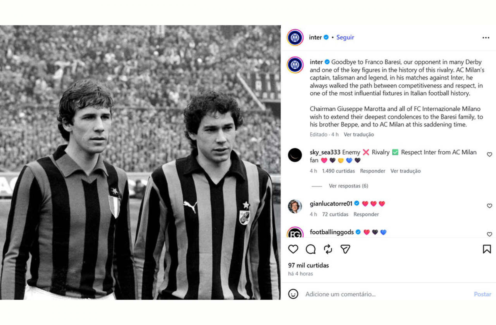 Eterno rival do Milan, Internazionale presta homenagem a Baresi com “foto fam&iacute;lia”