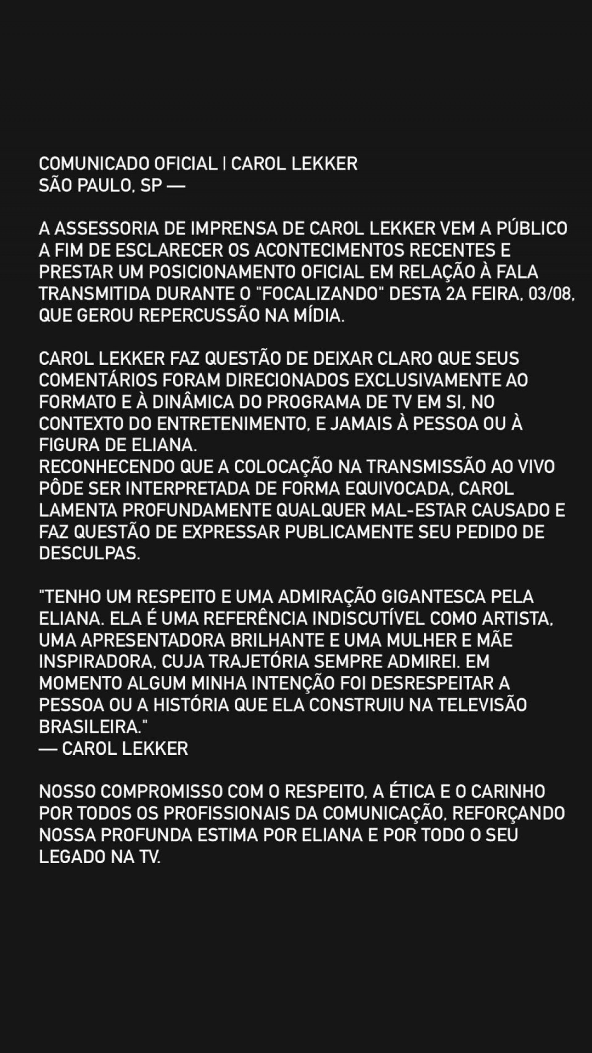 Comunicado divulgado nas redes sociais de Carol Lekker - Reprodução/Instagram 