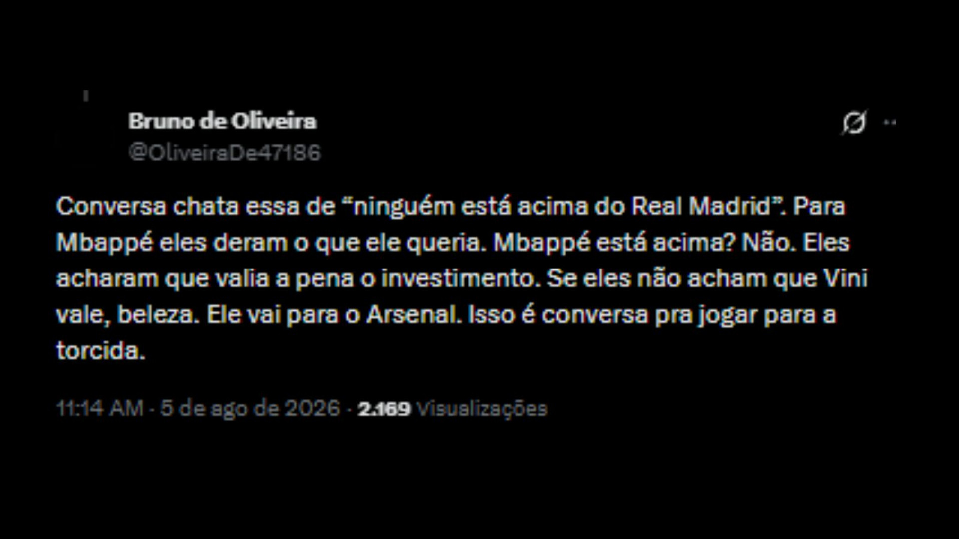 Torcedores apoiando saída do Vini Júnior para o Arsenal após não renovação com Real Madrid - Reprodução/X @OliveraDe47186