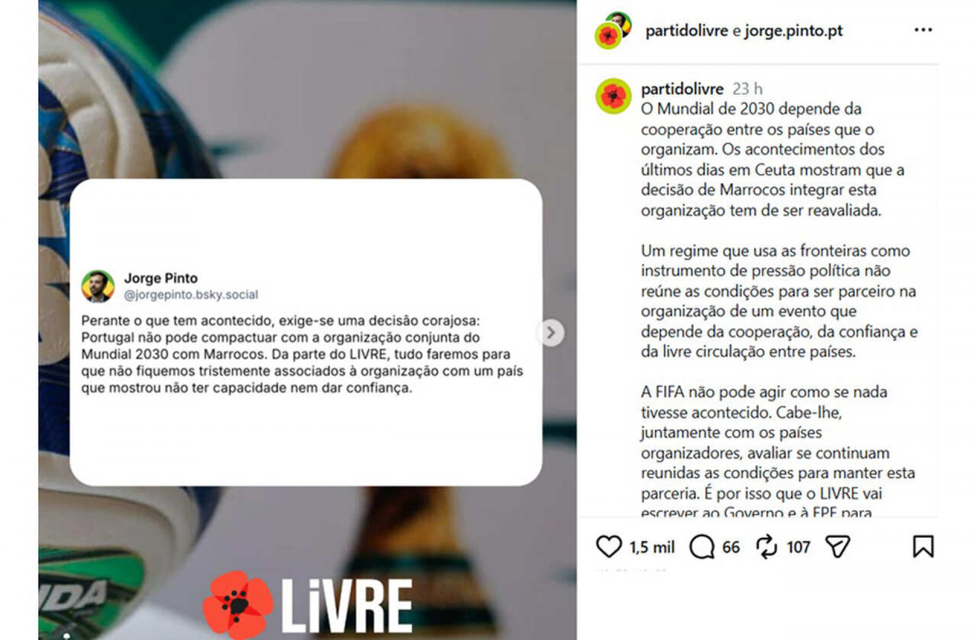 Partido portugu&ecirc;s pede retirada de Marrocos como pa&iacute;s-sede da Copa de 2030