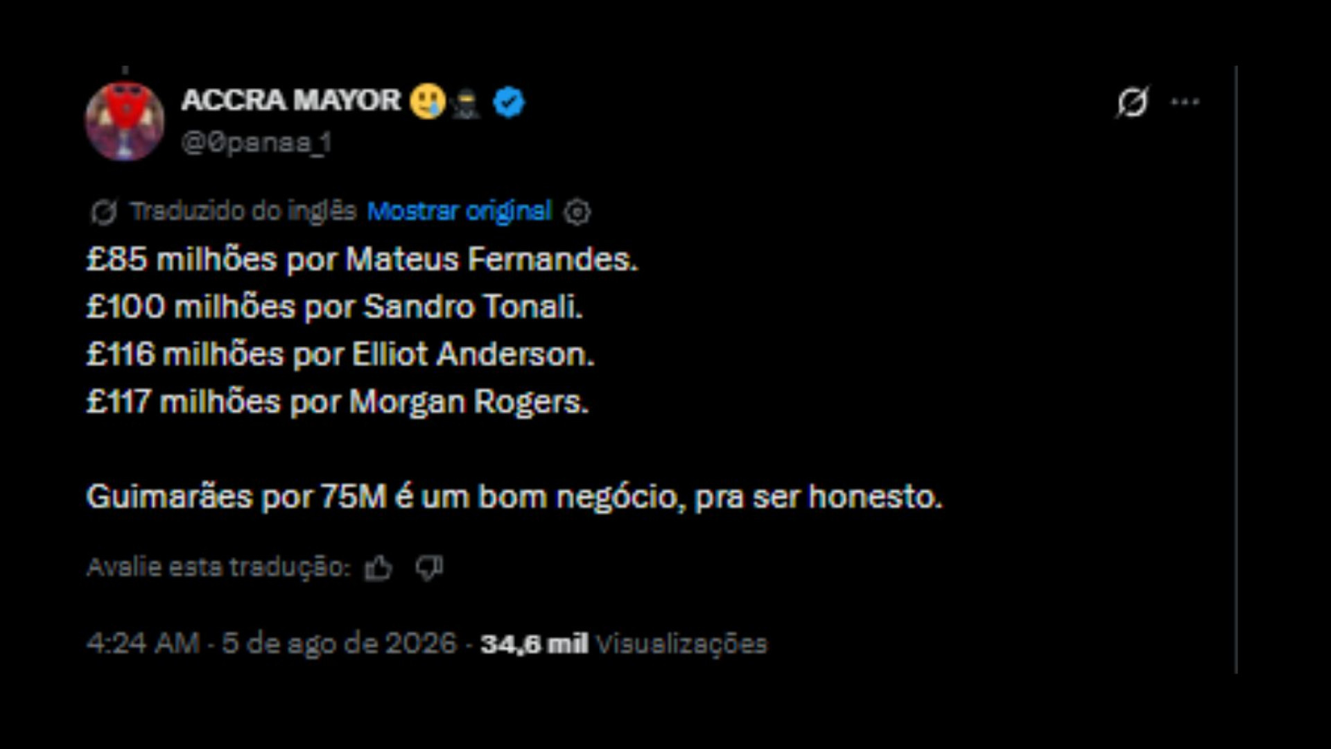 Opiniões sobre valor da venda do Bruno Guimarães, novo reforço do Arsenal - Reprodução/X @0panaa_1