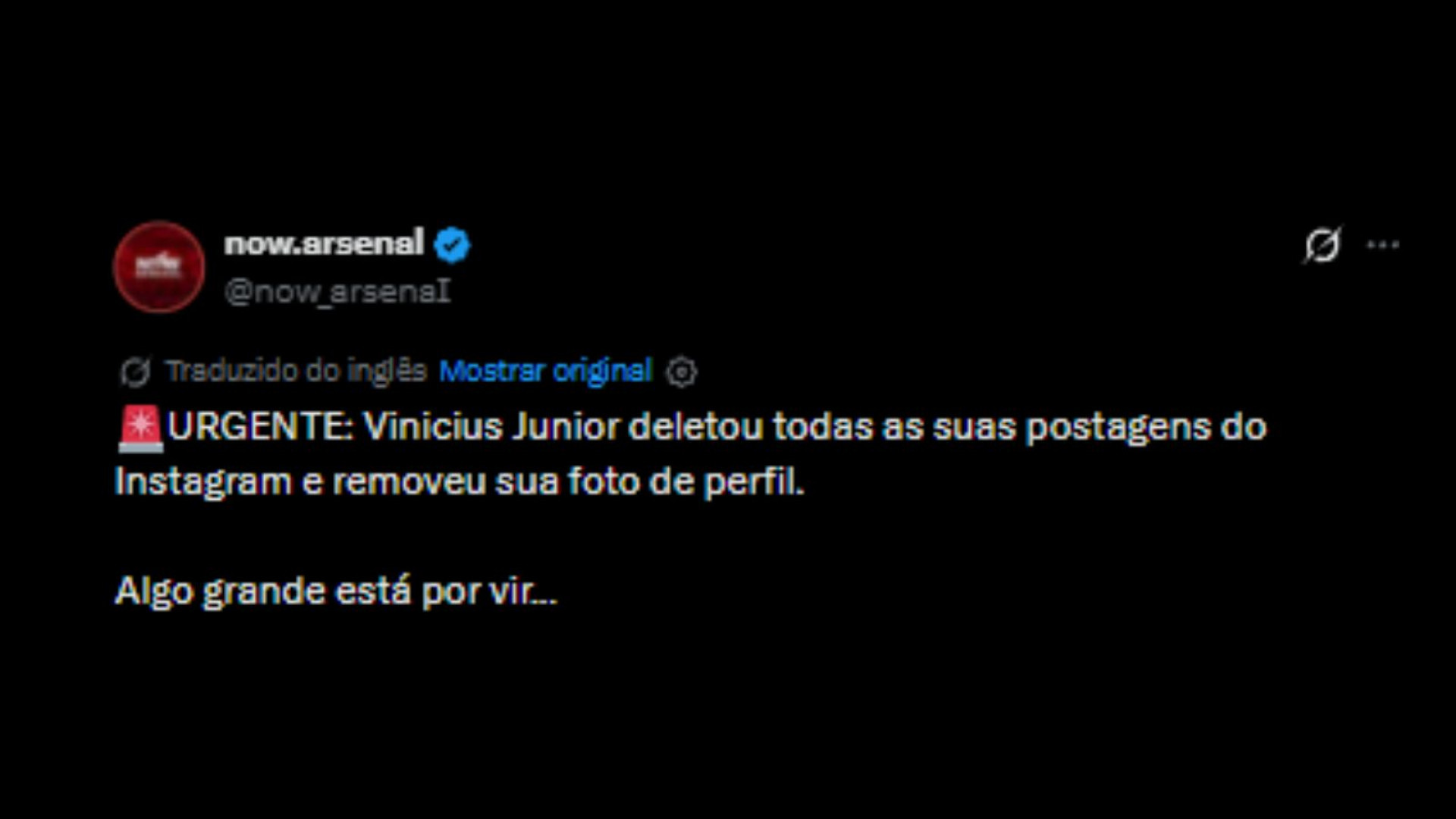 Teorias das redes sociais sobre Vini Júnior ter apagado seu perfil por completo - Reprodução/X @now_arsenaL
