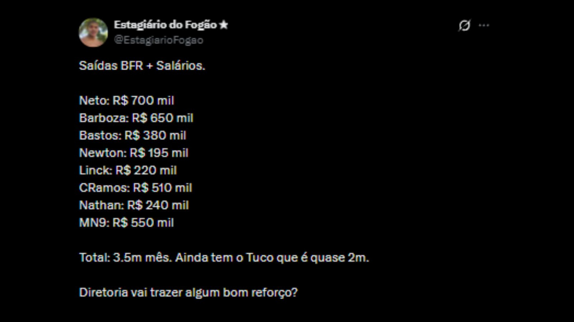 Torcedores botafoguenses agradecendo a nova postura da diretoria em relação às finanças do clube - Reprodução/X @EstagiarioFogao