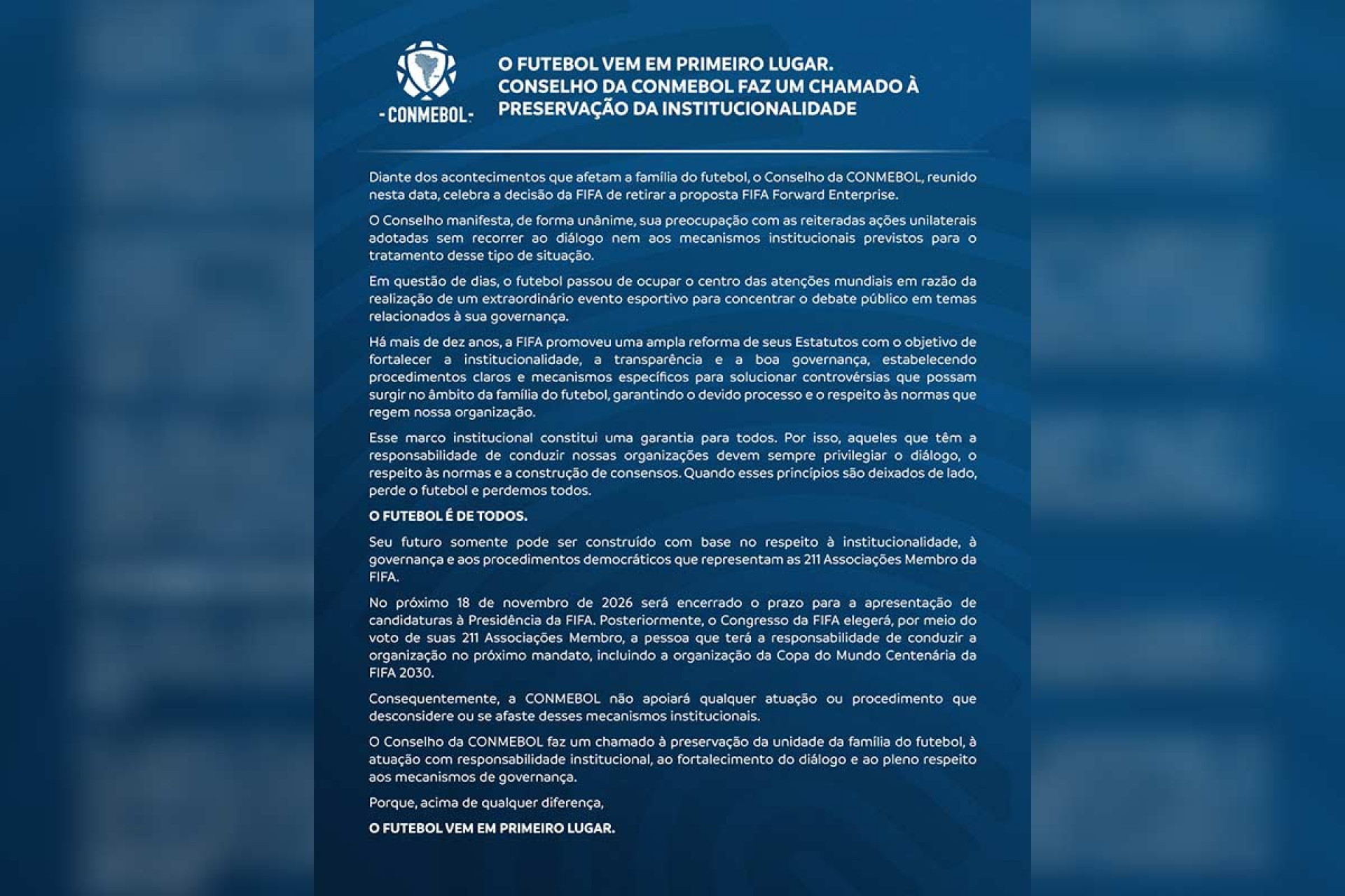 Conmebol d&aacute; voto de confian&ccedil;a &agrave; Fifa ap&oacute;s pol&ecirc;mica e ainda provoca a Uefa