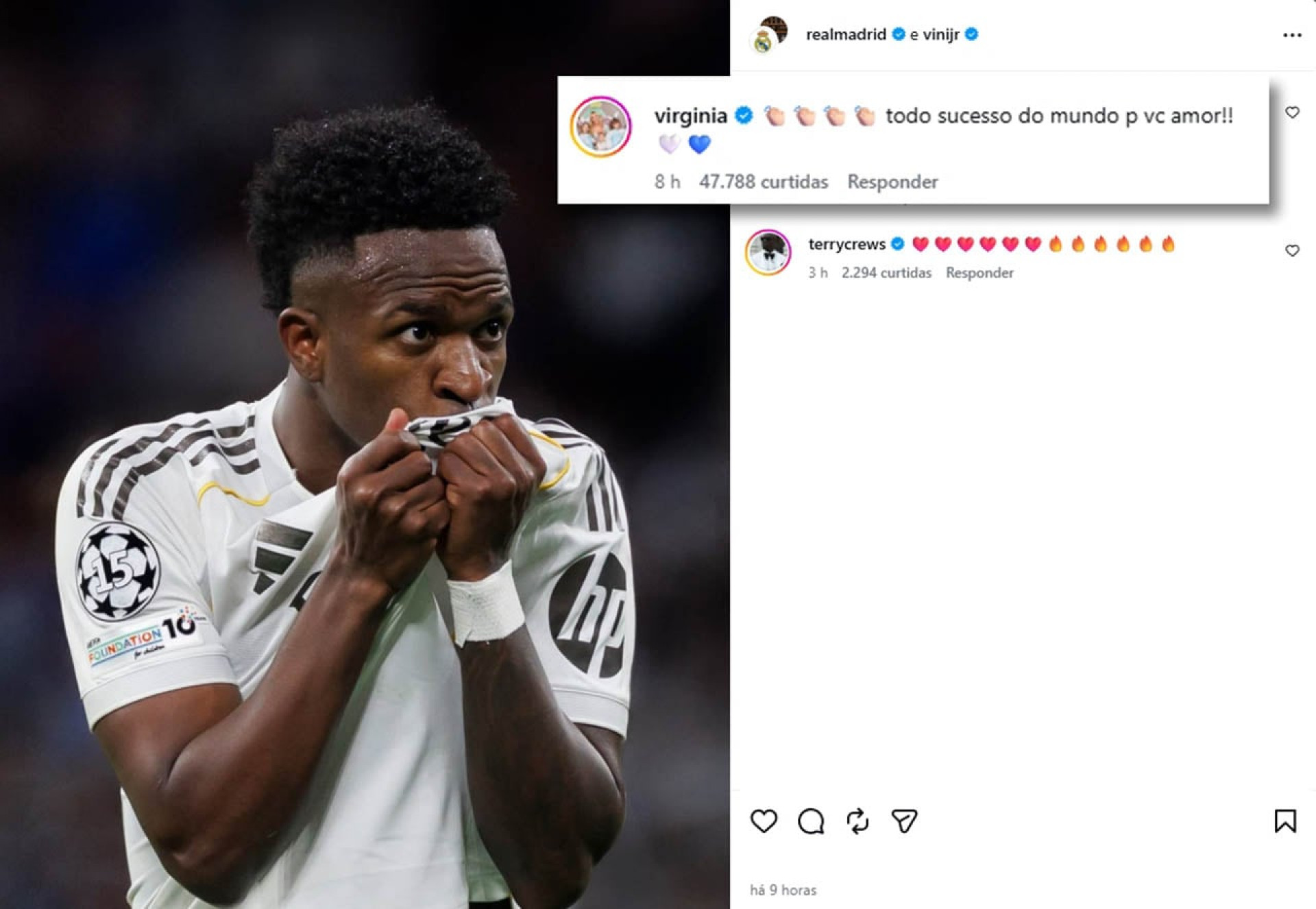 Virginia comemora renova&ccedil;&atilde;o de Vini Jr com o Real Madrid
