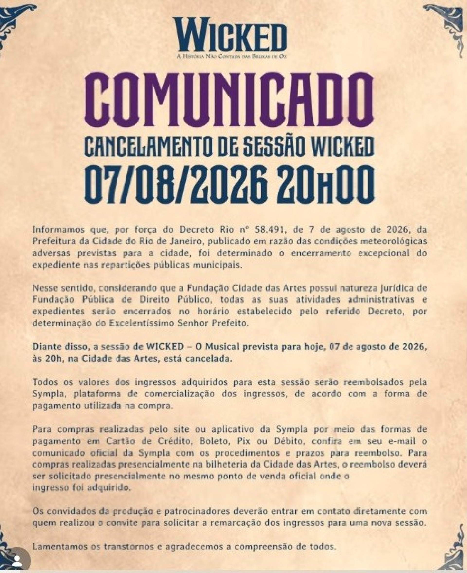 Musical Wicked foi cancelado nesta sexta-feira (7) - Reprodução/Redes sociais