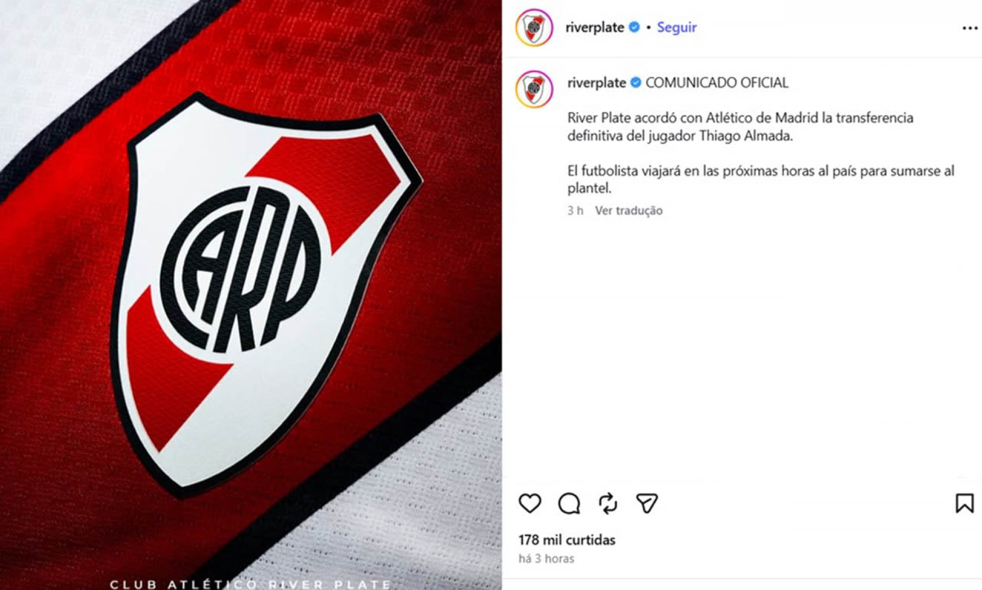 River Plate anuncia a contrata&ccedil;&atilde;o de Thiago Almada