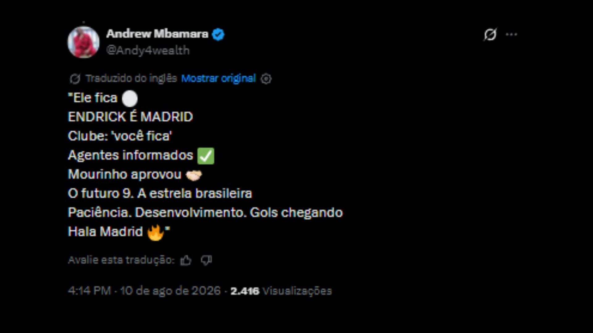 Torcedores repercutem permanência do Endrick no Real Madrid - Reprodução/X @Andy4health