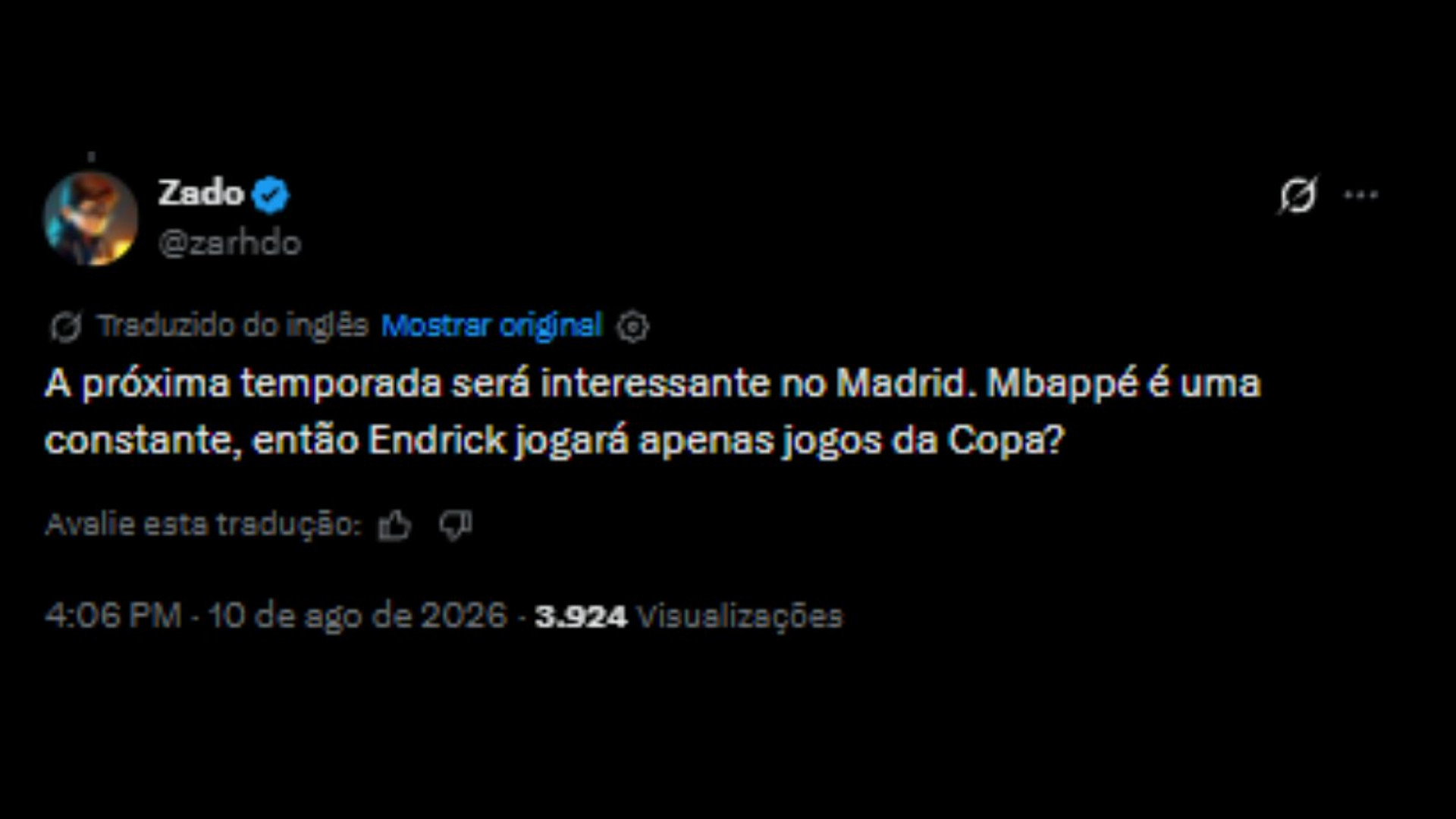 Torcedores repercutem permanência do Endrick no Real Madrid - Reprodução/X @zarhdo