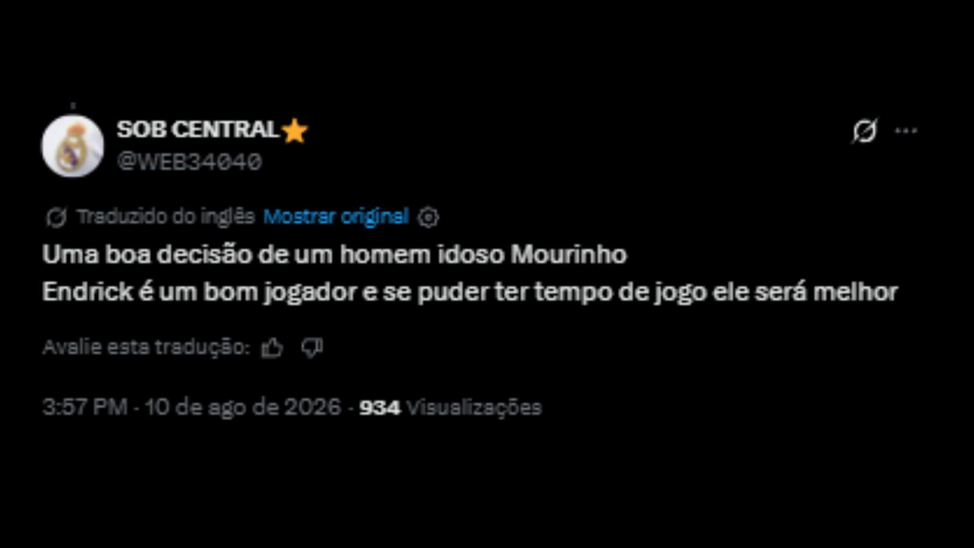 Torcedores repercutem permanência do Endrick no Real Madrid - Reprodução/X @WEB34040