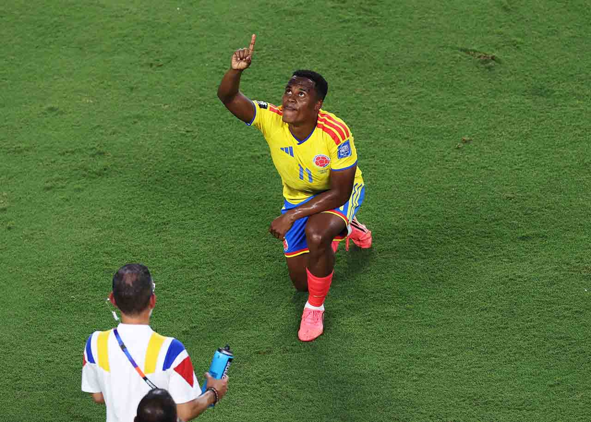 KANSAS CITY, MISSOURI - JULY 03: Jhon Arias #11 of Colombia celebrates scoring his team's first goal during the FIFA World Cup 2026 Round of 32 match between Colombia and Ghana at Kansas City Stadium on July 03, 2026 in Kansas City, Missouri. (Photo by Carl Recine/Getty Images)