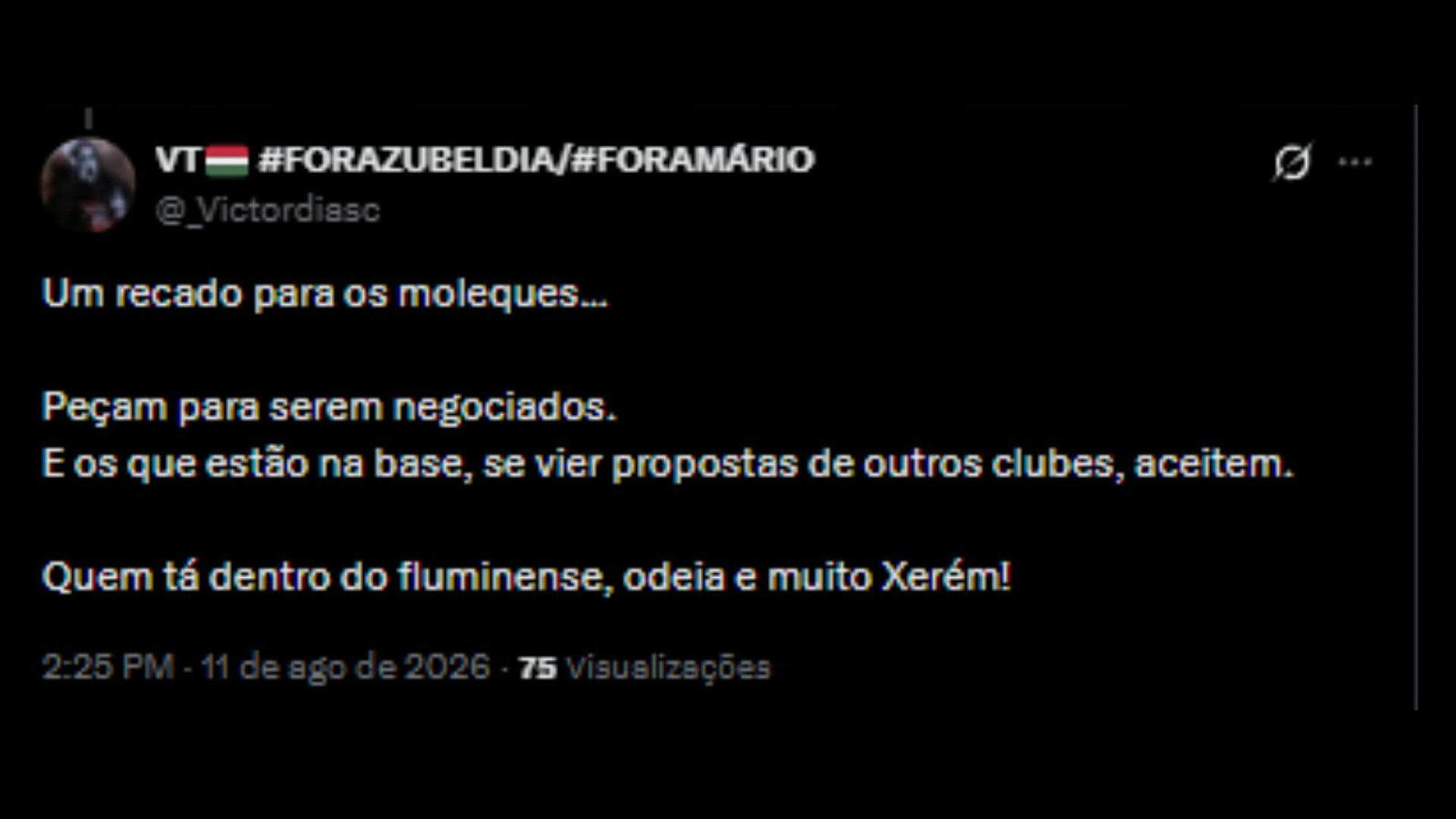 Críticas ao treinador, Luis Zubeldía por não usar a categoria de base do Fluminense - Reprodução/X @_Victordiasc