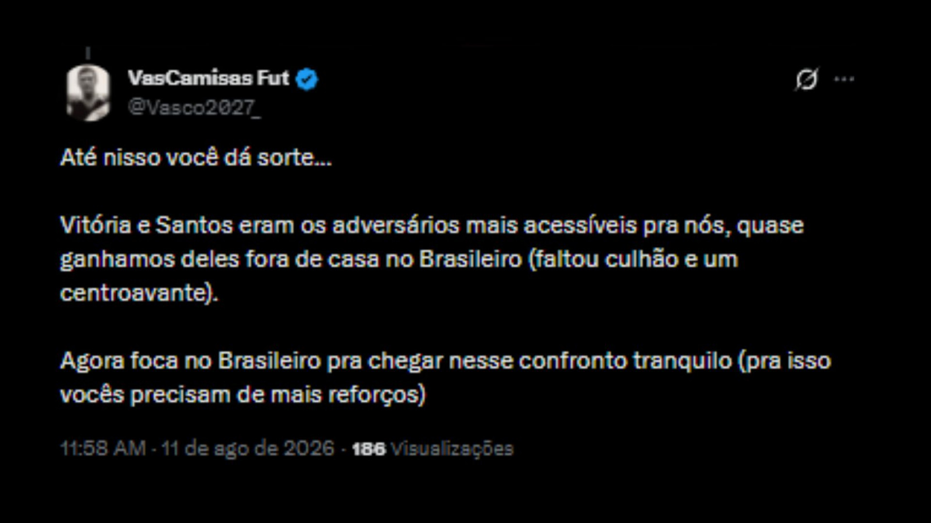 Torcedores do Vasco otimista em relação ao confronto contra o Vitória, pela Copa do Brasil - Reprodução/X @Vasco2027_