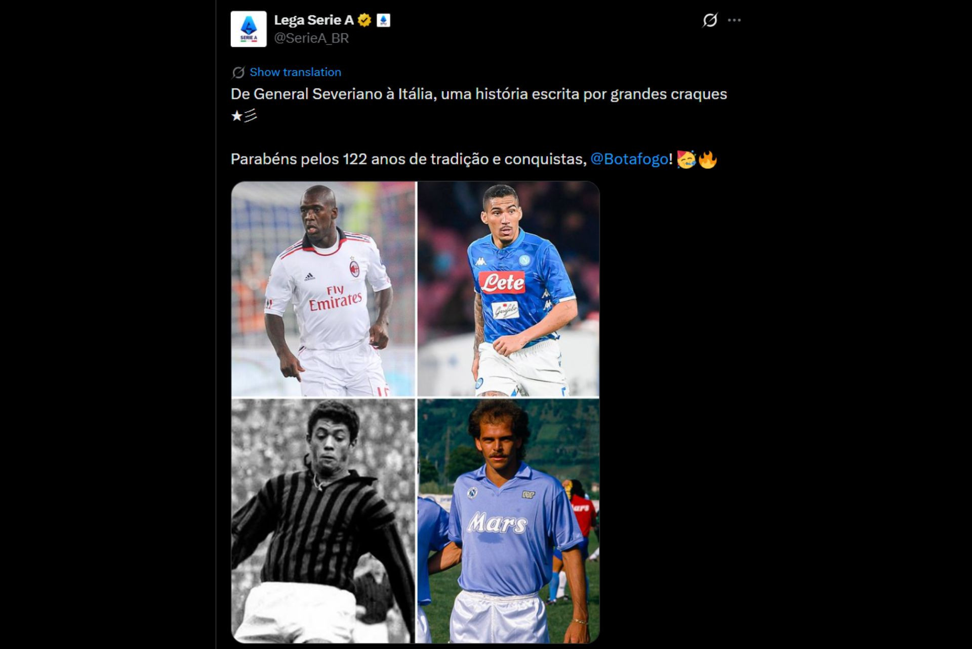 Mundo do futebol parabeniza o Botafogo pelos 122 anos de história - Reprodução / X