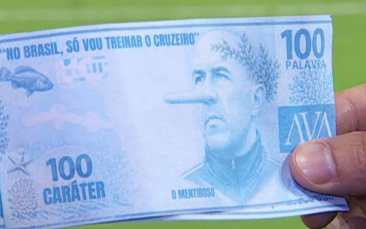 Nota falsa que a torcida do Cruzeiro usou para protestar contra Leonardo Jardim