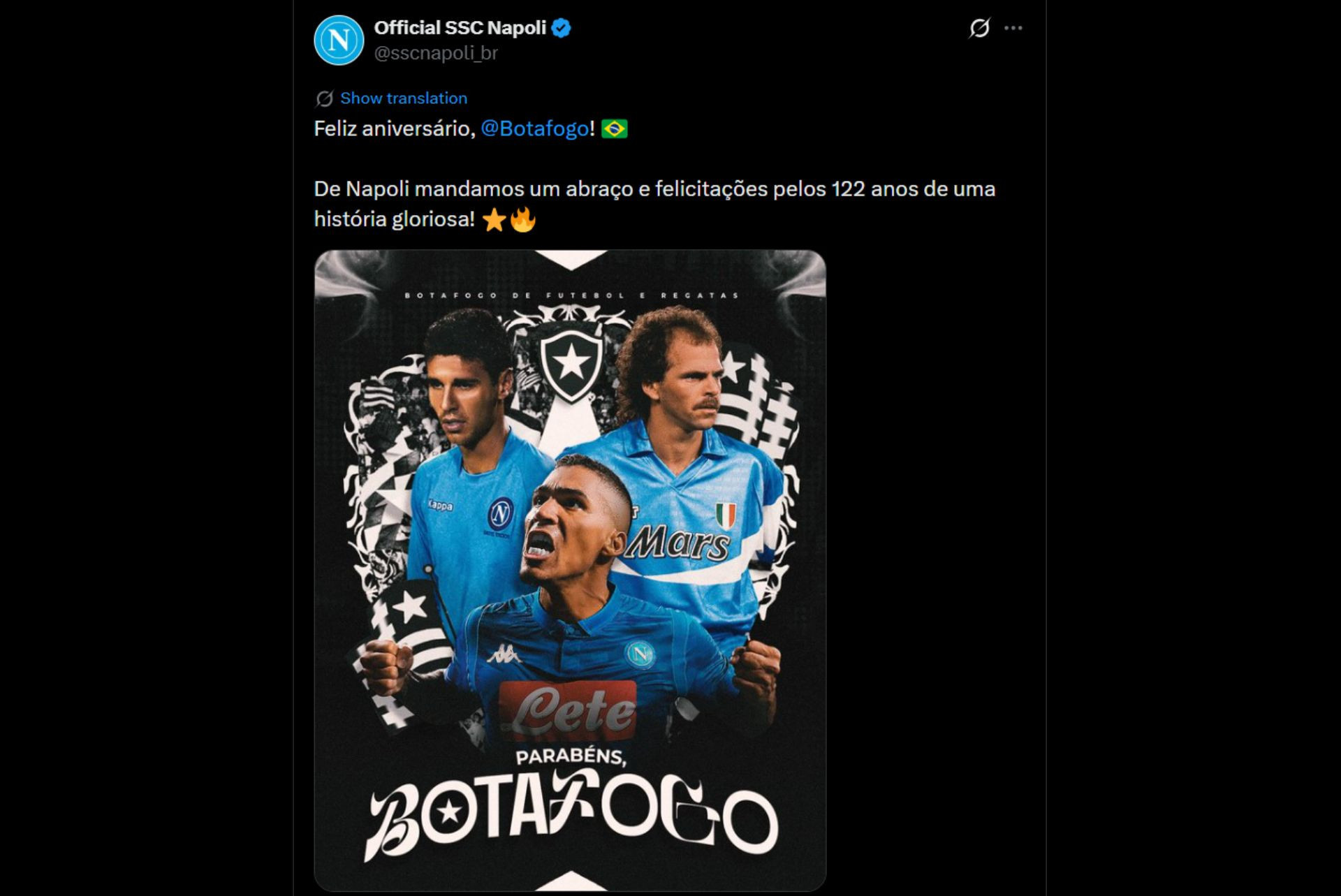 Mundo do futebol parabeniza o Botafogo pelos 122 anos de hist&oacute;ria - Reprodu&ccedil;&atilde;o / X