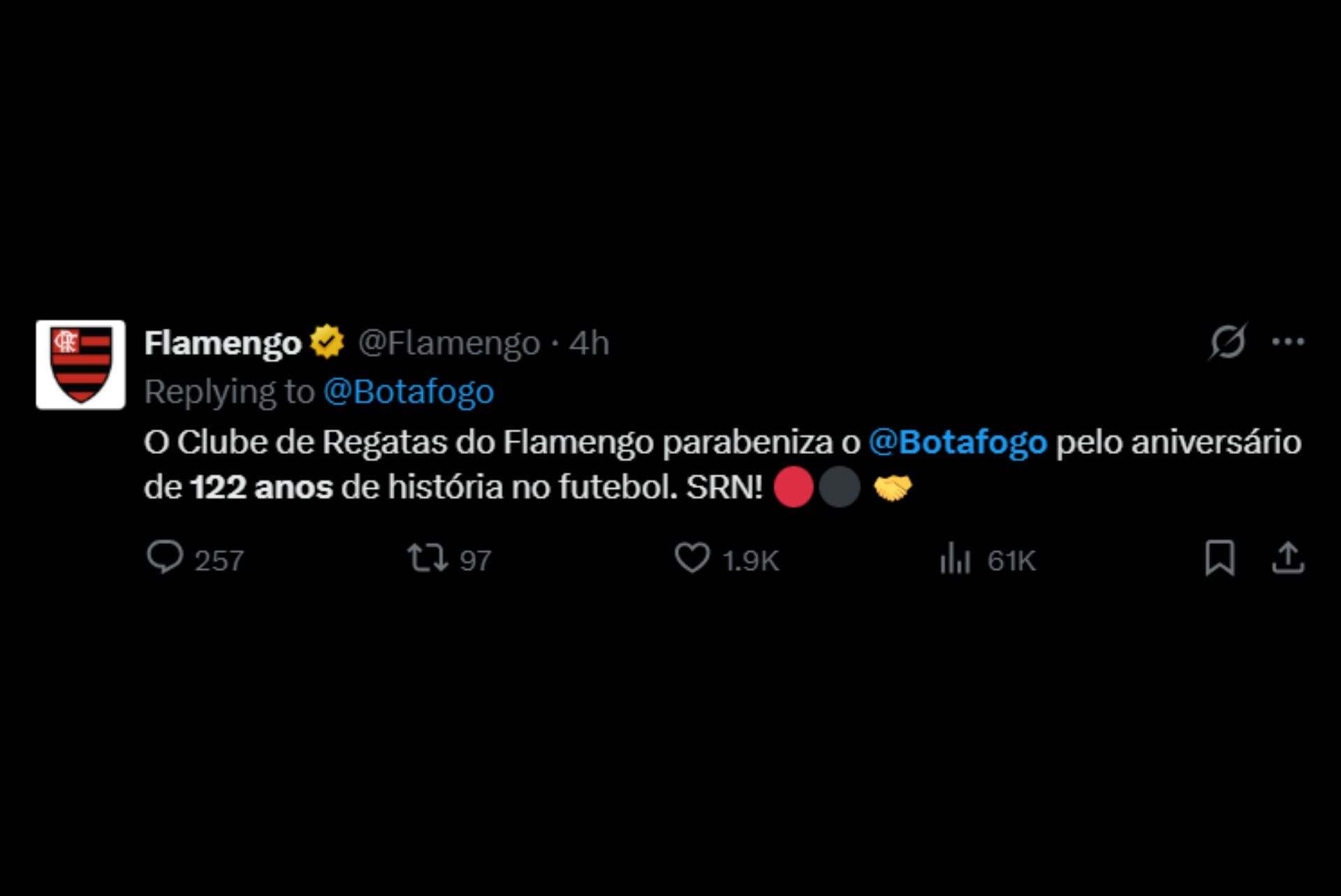 Mundo do futebol parabeniza o Botafogo pelos 122 anos de história - Reprodução / X
