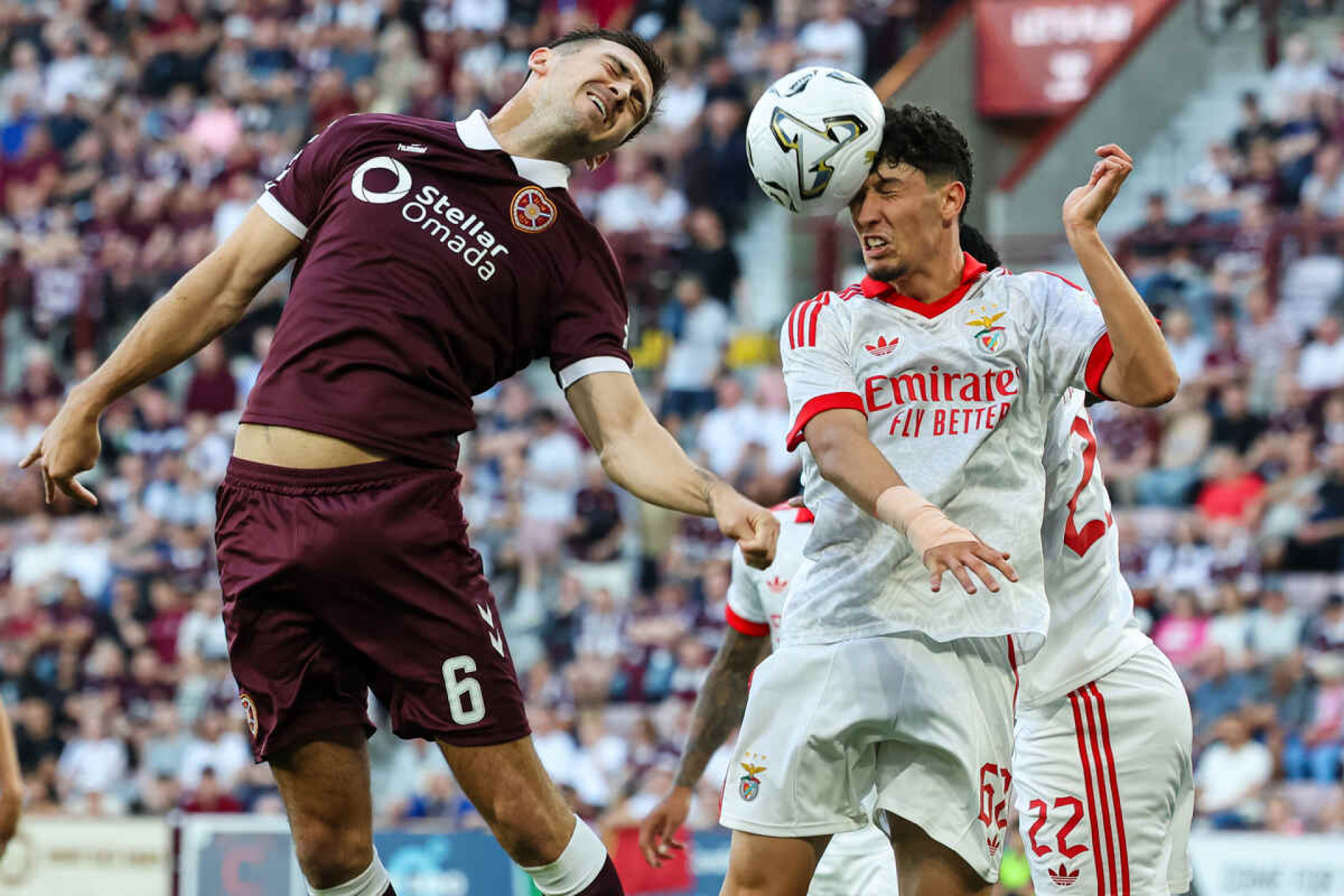 EDINBURGH, SCOTLAND - AUGUST 13: Jose Neto of Benfica with a headed clearance during the UEFA Europa League 2026/27 third qualifying round second leg match between Heart Of Midlothian and Benfica at Tynecastle Stadium on August 13, 2026 in Edinburgh, Scotland. (Photo by WM Sport Media/Getty Images) *** Local Caption *** Jose Neto