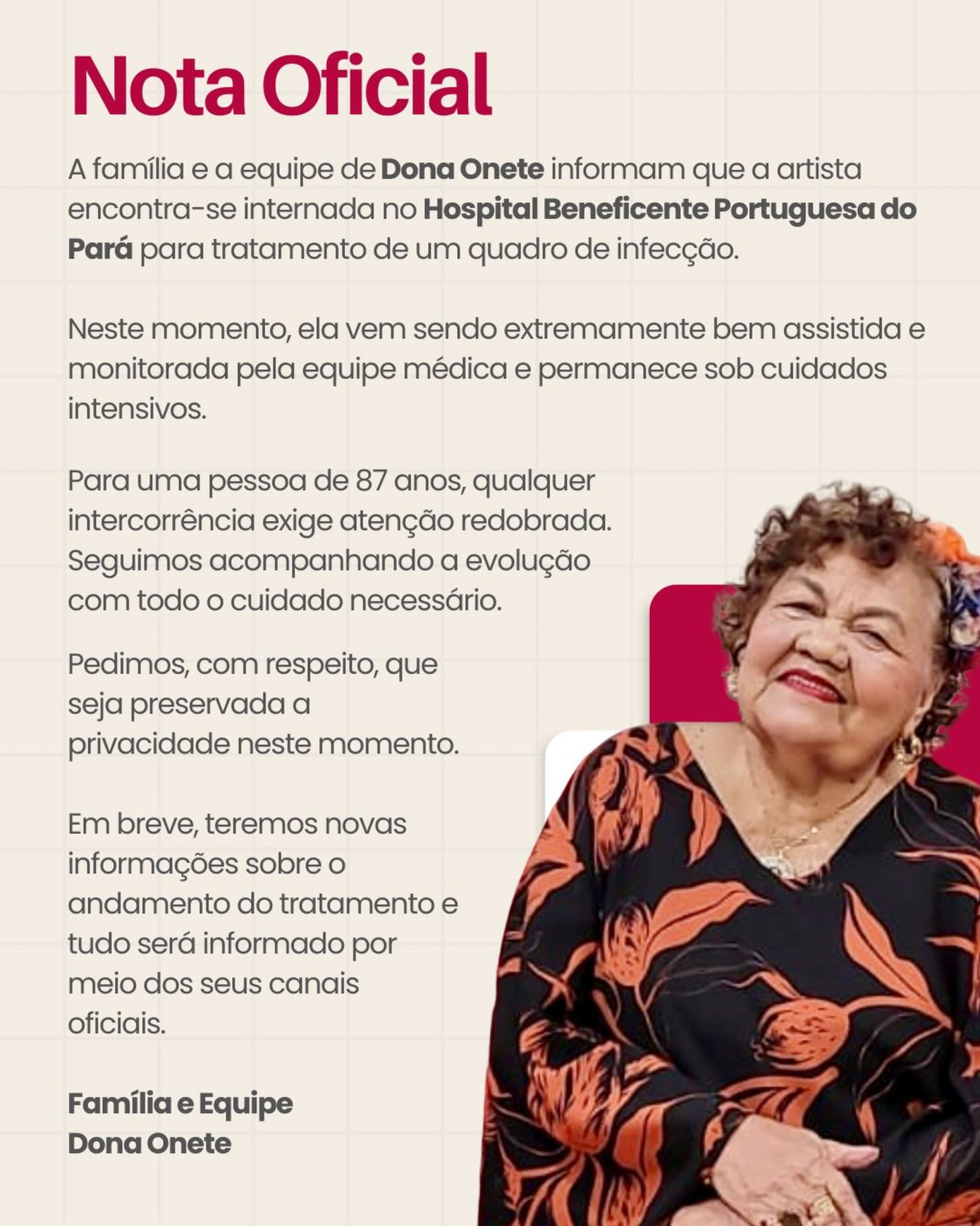internação de Dona Onete foi divulgada em comunicado nas redes sociais  - Reprodução/Instagram