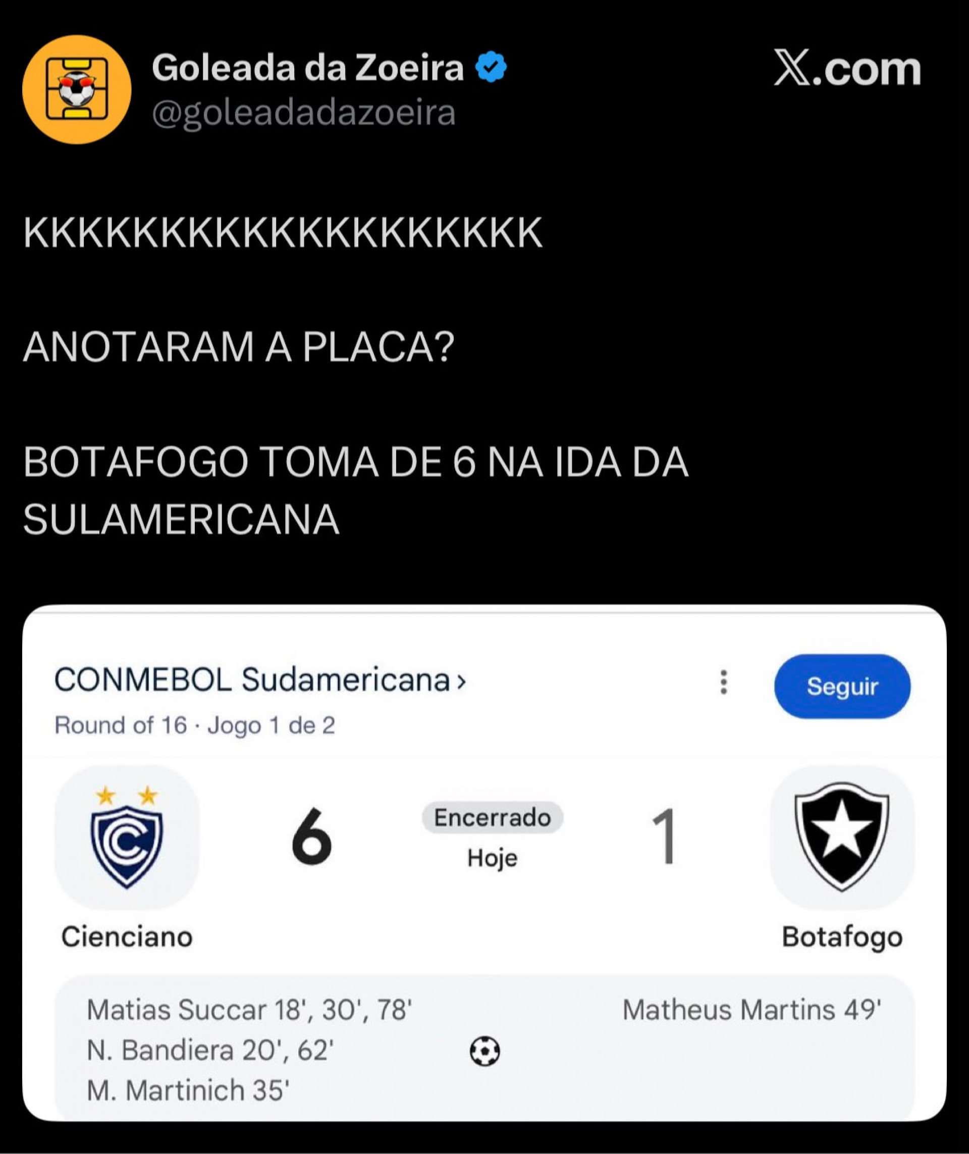 Memes da derrota do Botafogo para o Cienciano por 6 a 1 - Reprodução
