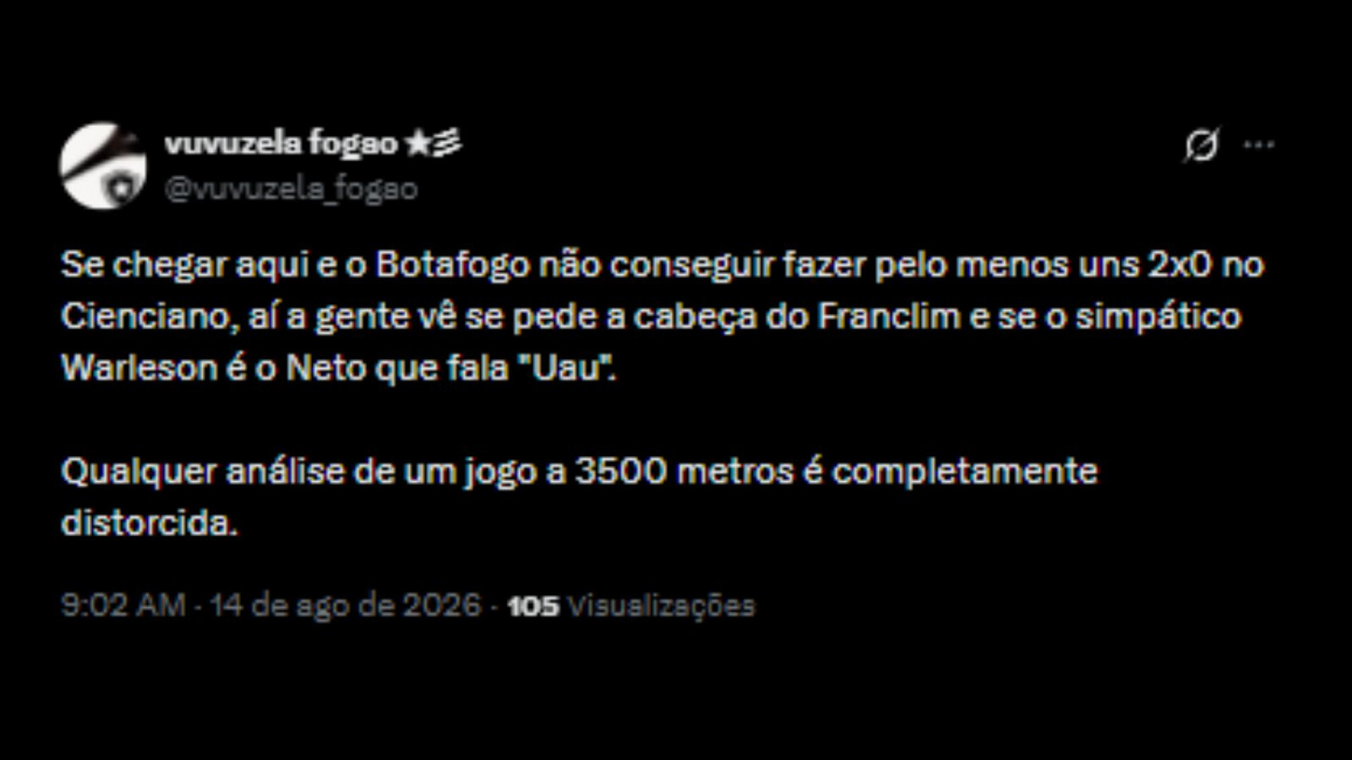 Críticas ao goleiro Warleson, após sofrer 6 gols, em Botafogo e Cienciano pela Sul-Americana - Reprodução/X @vuvuzela_fogao