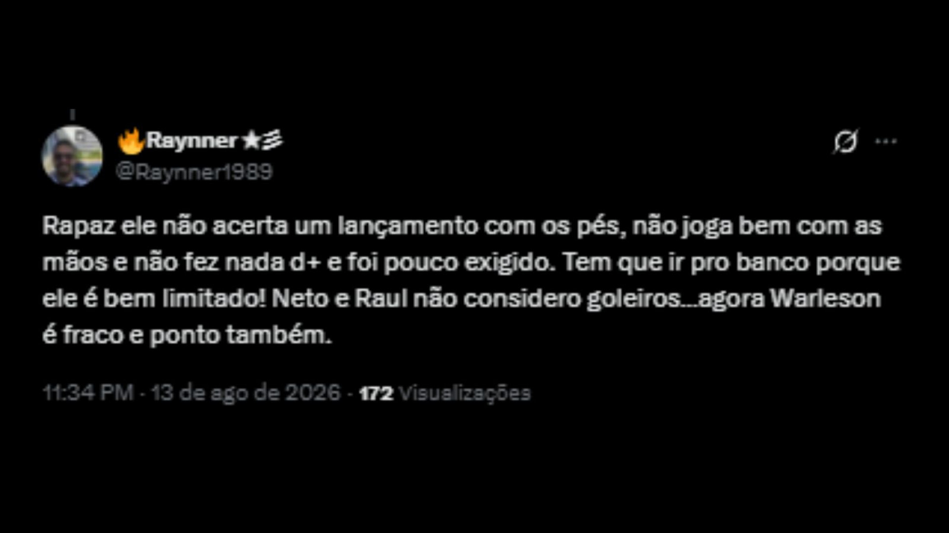 Críticas ao goleiro Warleson, após sofrer 6 gols, em Botafogo e Cienciano pela Sul-Americana - Reprodução/X @Raynner1989