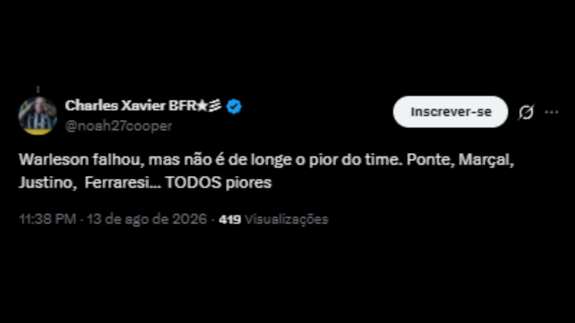 Críticas ao goleiro Warleson, após sofrer 6 gols, em Botafogo e Cienciano pela Sul-Americana - Reprodução/X @noah27copper