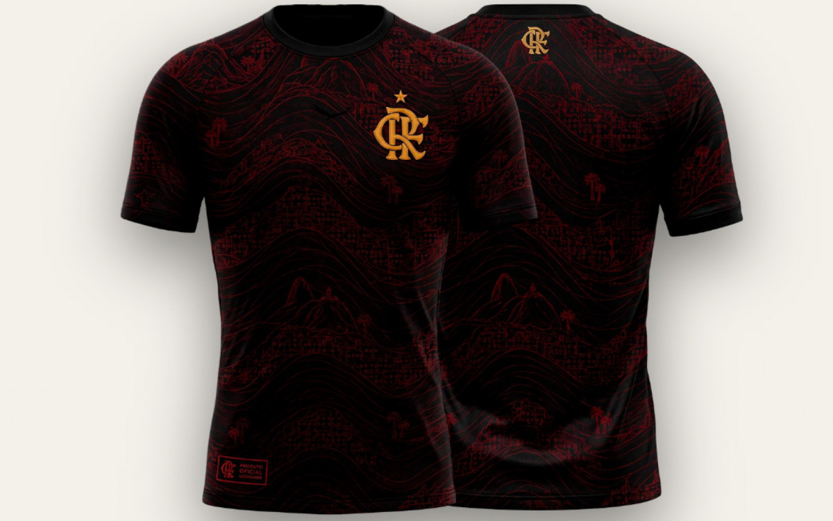 Adam Costa criou a camisa \'Prestígio Urbano\', com curvas, ruas, mar, do maior luxo ao mais simples e o dourado eternizando a glória e o urubu rei mostrando sua força