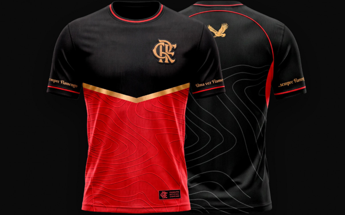 Produzida por Stephany Dalzisa, a camisa \'Traços De Uma Nação\' tem as curvas de nível do Rio e uma representação das asas do urubu