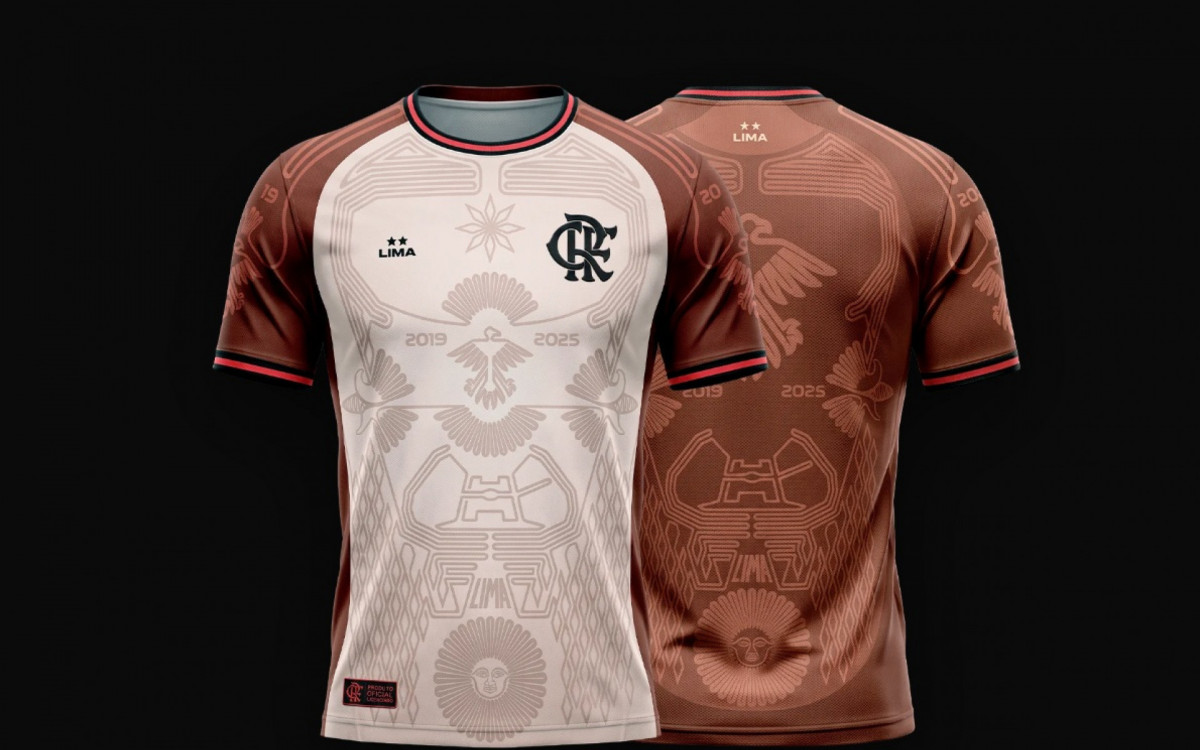 A camisa \'Urubu De Lima\', de Marcelo Gluz, tem símbolos de civilização antiga peruana e homenagem às Libertadores conquistadas na cidade