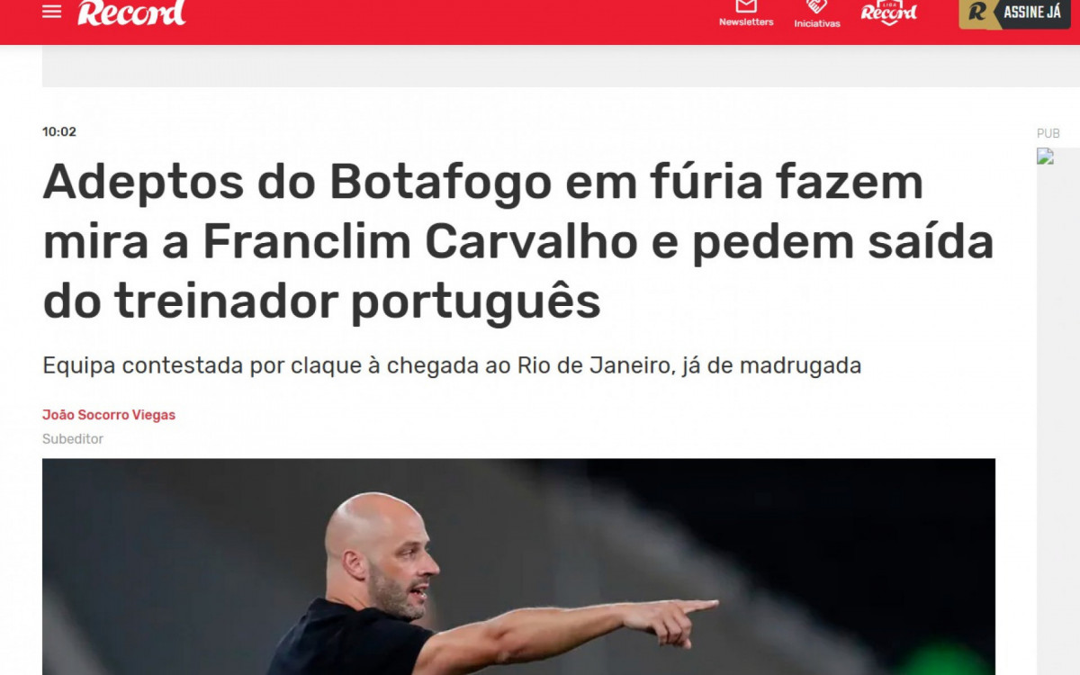 Matéria no site do jornal português Record sobre o protesto de uma organizada do Botafogo