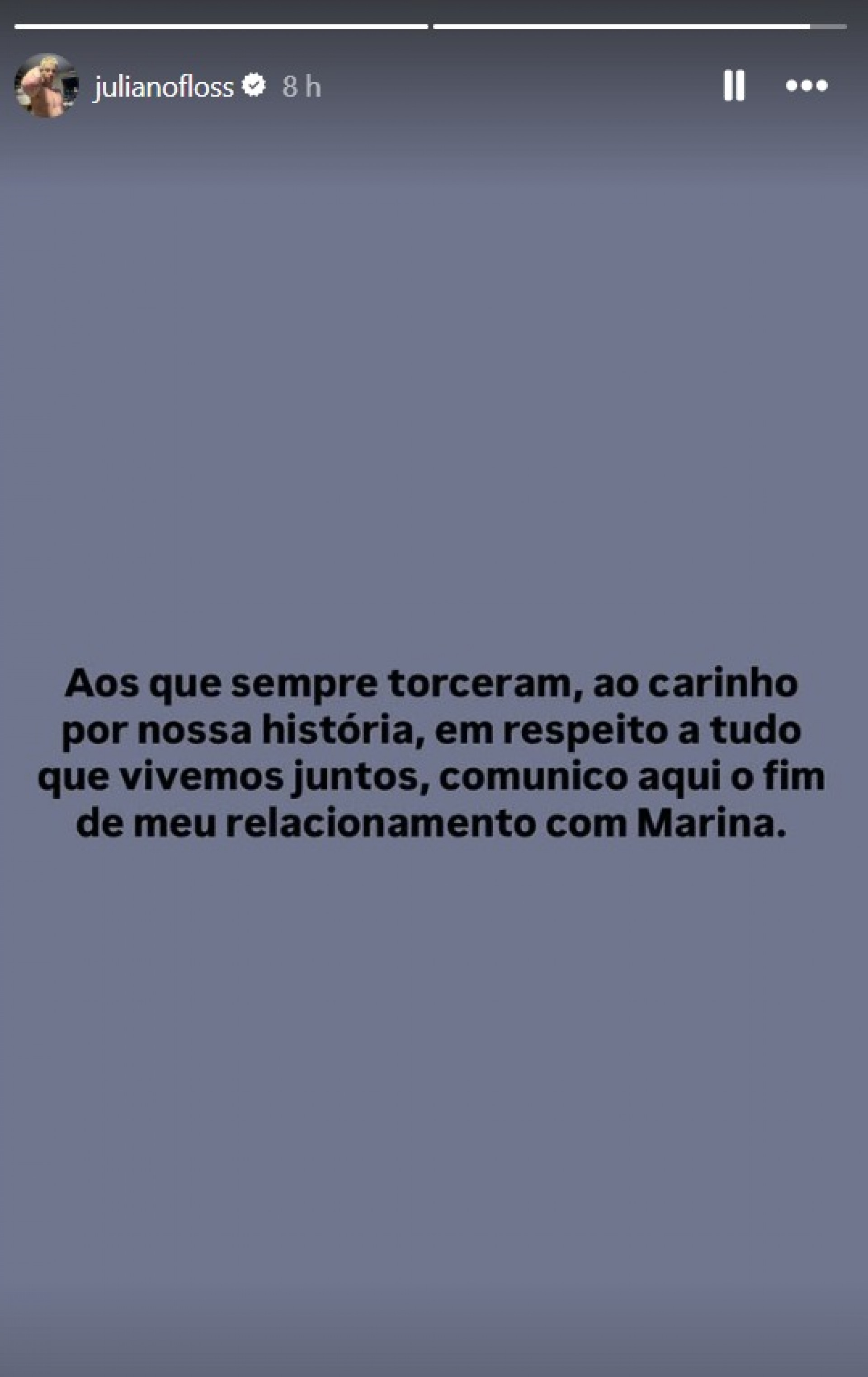 Juliano Floss anunciou o fim de seu relacionamento com Marina Sena nesta segunda-feira (17) - Reprodução / Instagram