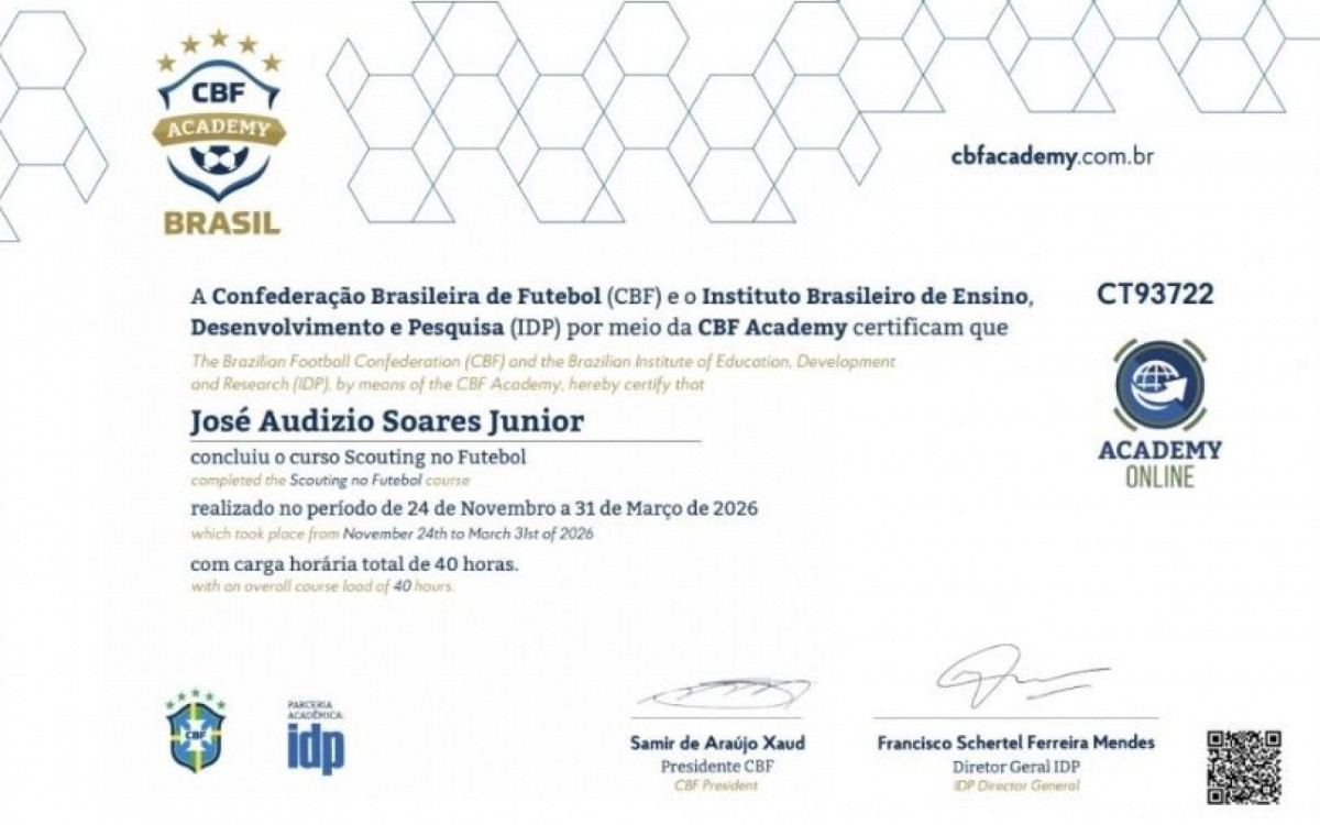 Audizio Junior conquistou a certificação da CBF entidade máxima do futebol brasileiro por concluir o curso de scouting