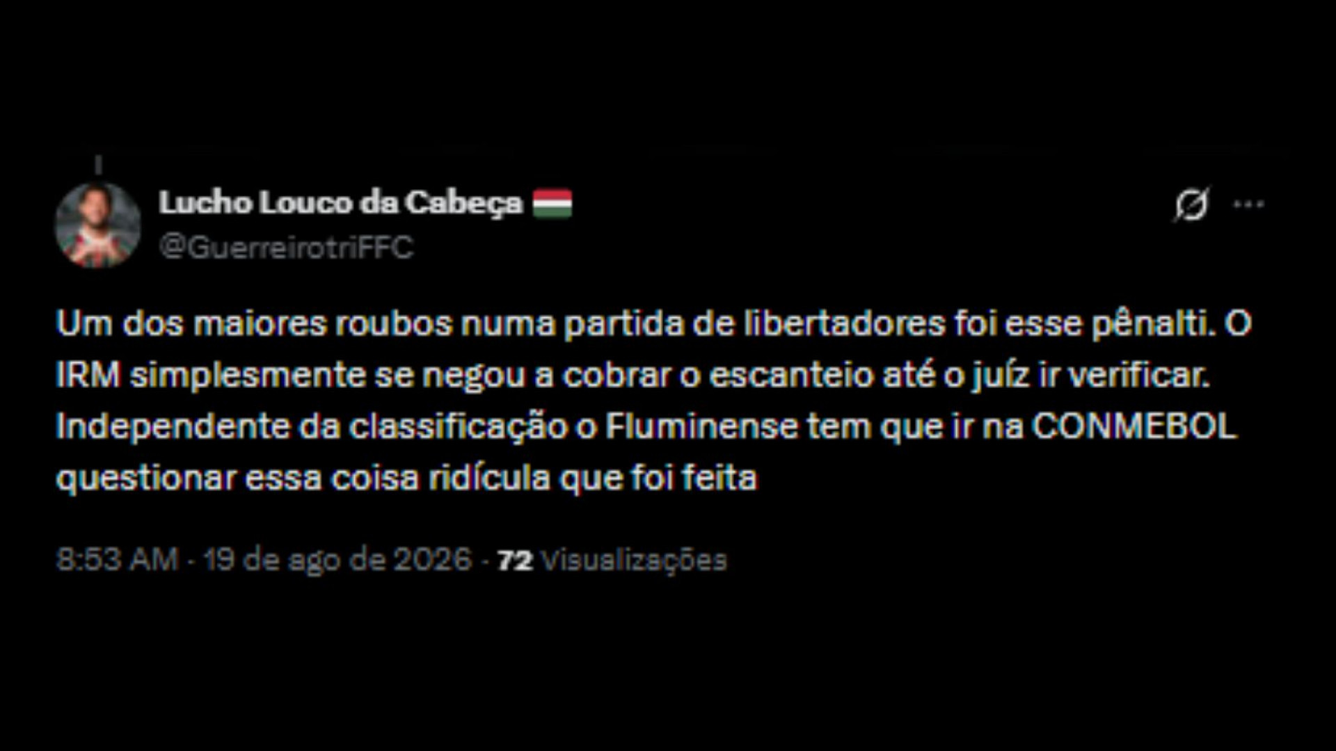 Usuários repercutindo pênalti marcando contra o Fluminense pela Libertadores - Reprodução/X @GuerreirotriFFC